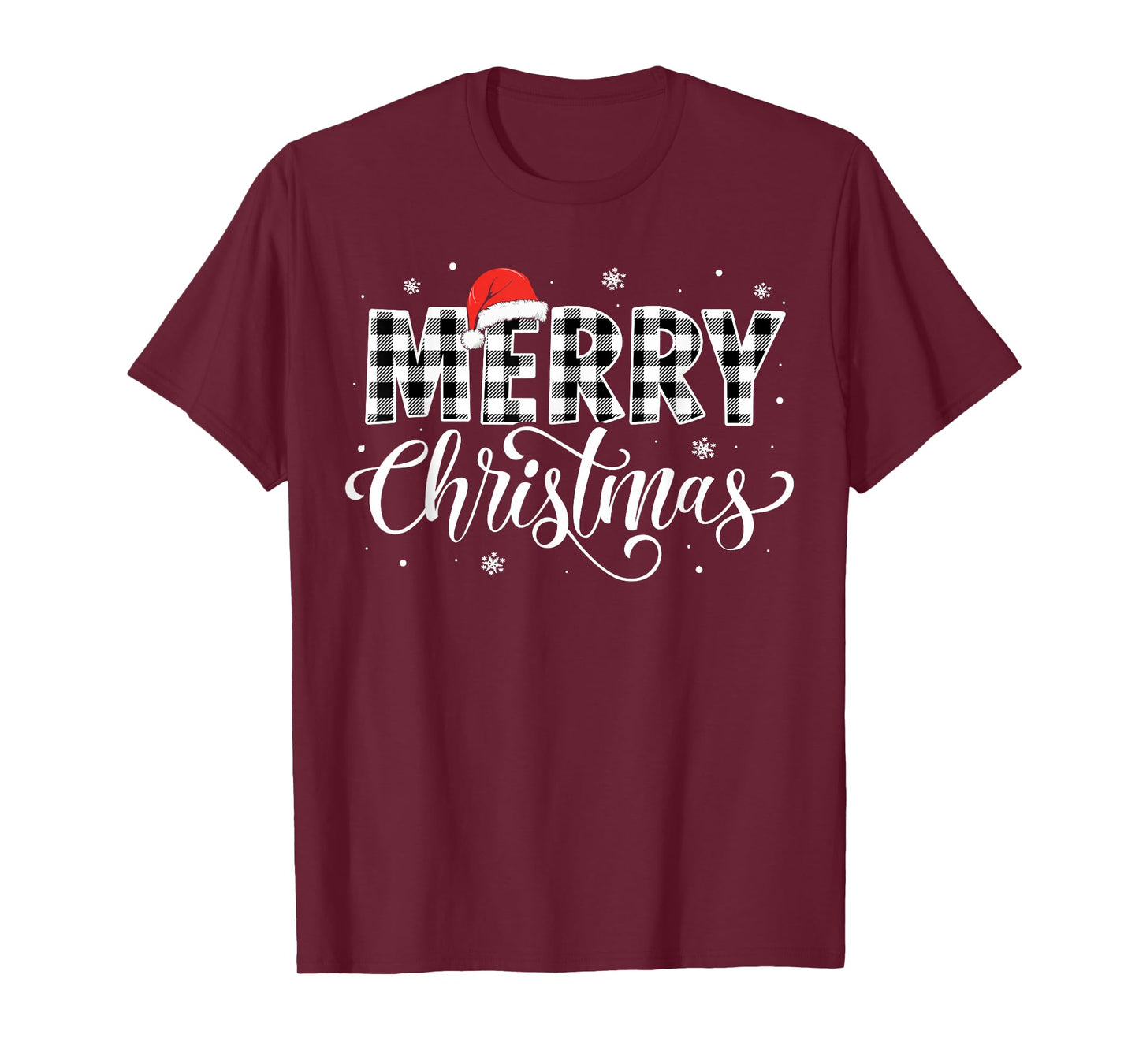 Merry Christmas Buffalo Plaid Black and White Santa Hat Xmas T-Shirt