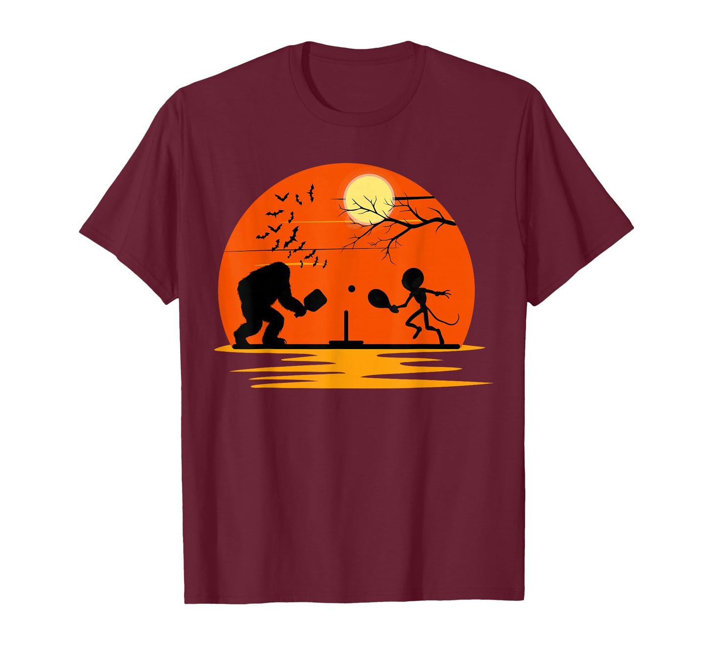Bigfoot and Alien Playing Pickleball Halloween Sunset T-Shirt