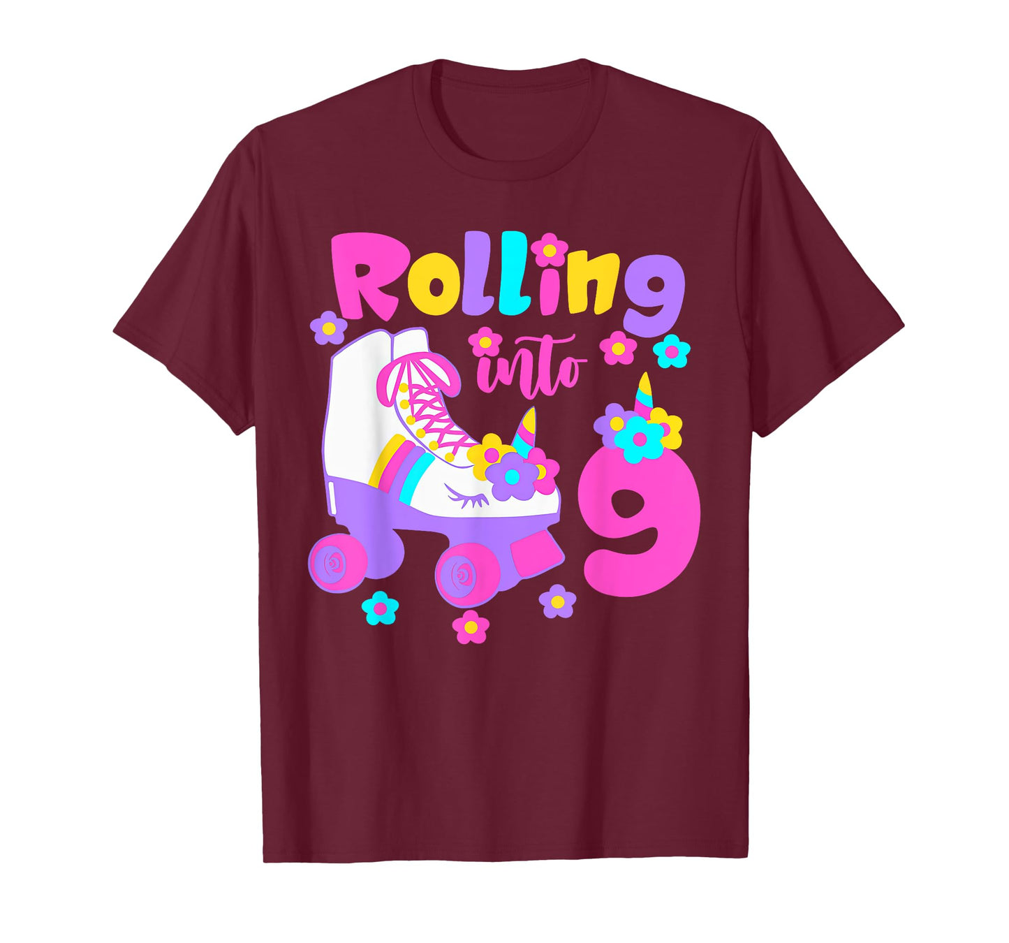 Rolling Into 9 Years Old Roller Skating Girl 9th Birthday T-Shirt