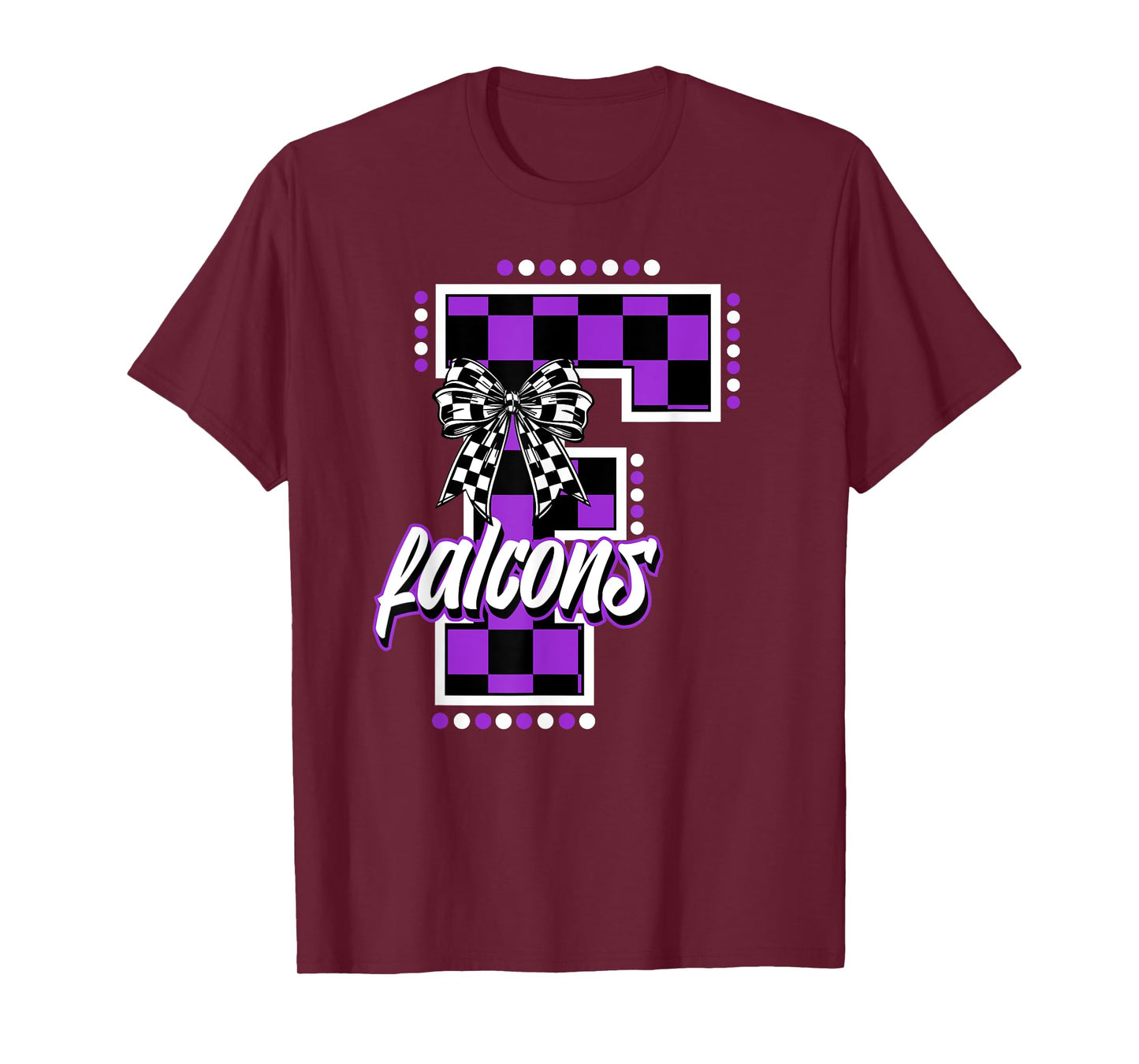 Falcons Checkered Letter School Spirit Mascot Purple Bow T-Shirt