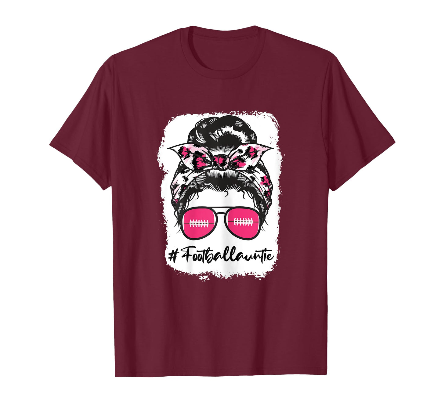 Bleached Football Auntie Pink Leopard Print Messy Bun T-Shirt