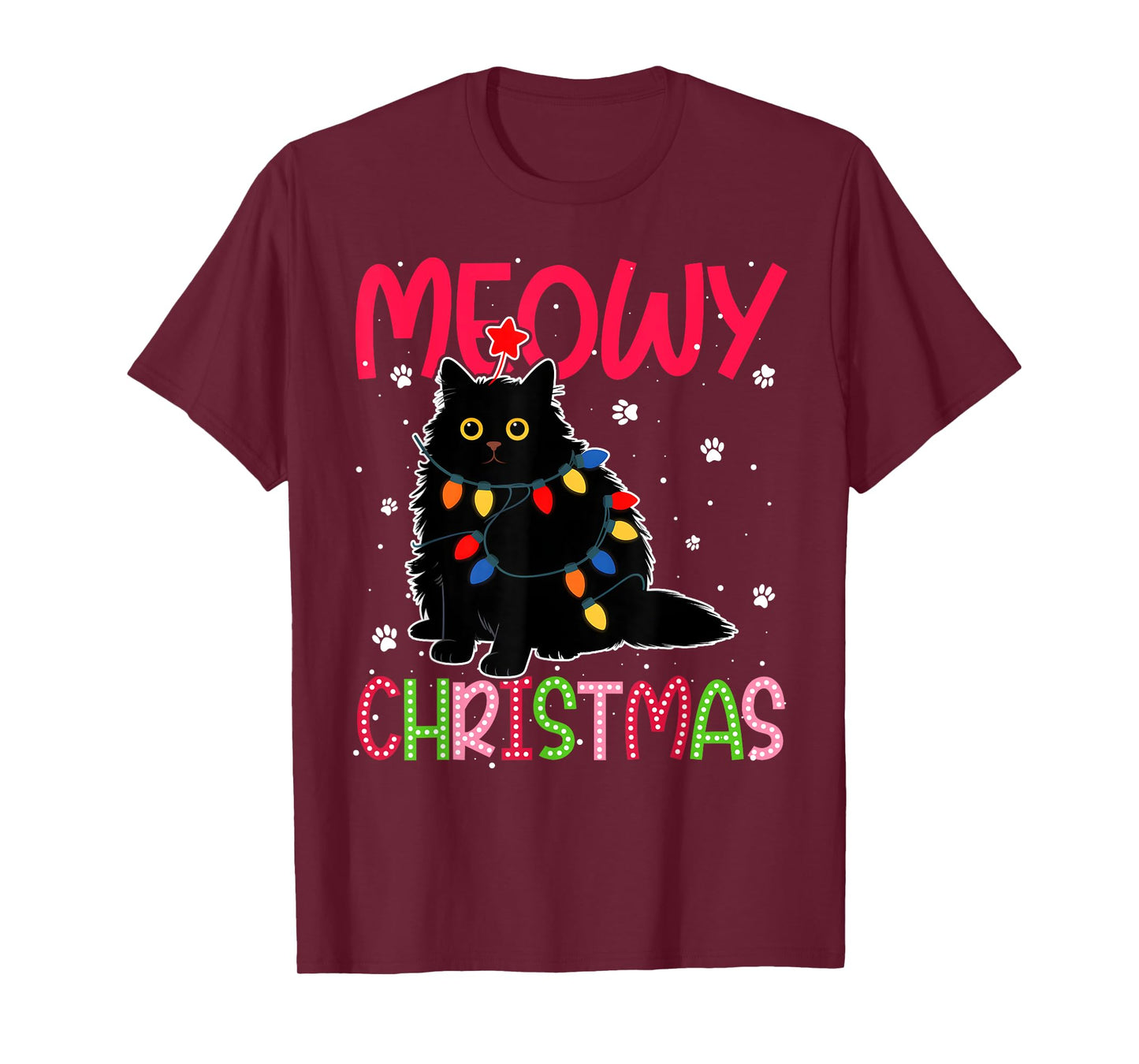 Meowy Christmas Xmas Lights Black Cat Pajamas Family Funny T-Shirt