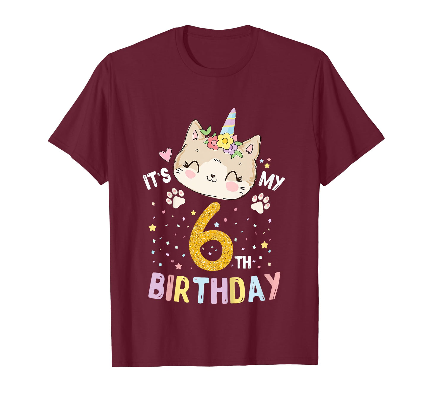 Kids It’s My 6th Birthday Cute Unicorn Cat 6-Year-Old Girl T-Shirt