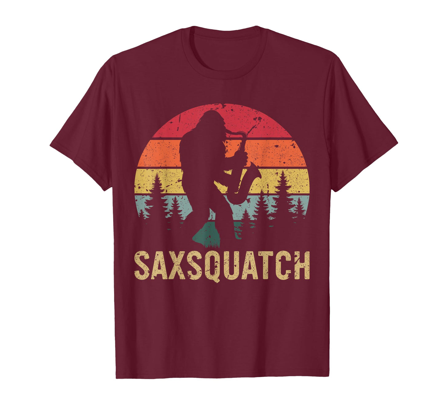 SaxSquatch Retro Sunset Yeti Bigfoot Saxophone Music Forest T-Shirt