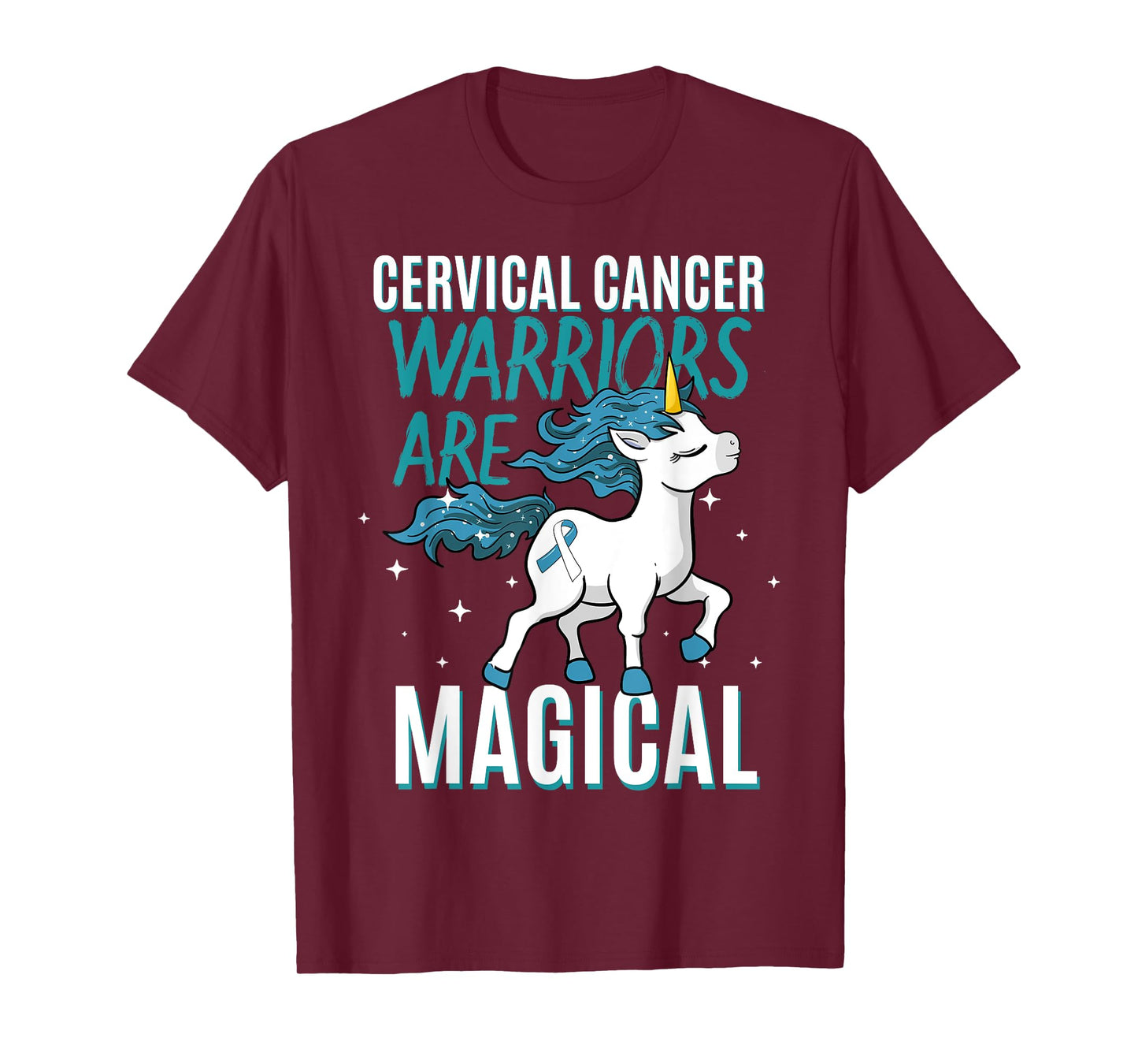 Cervical Cancer Warrior Magical Unicorn Teal Ribbon HPV T-Shirt