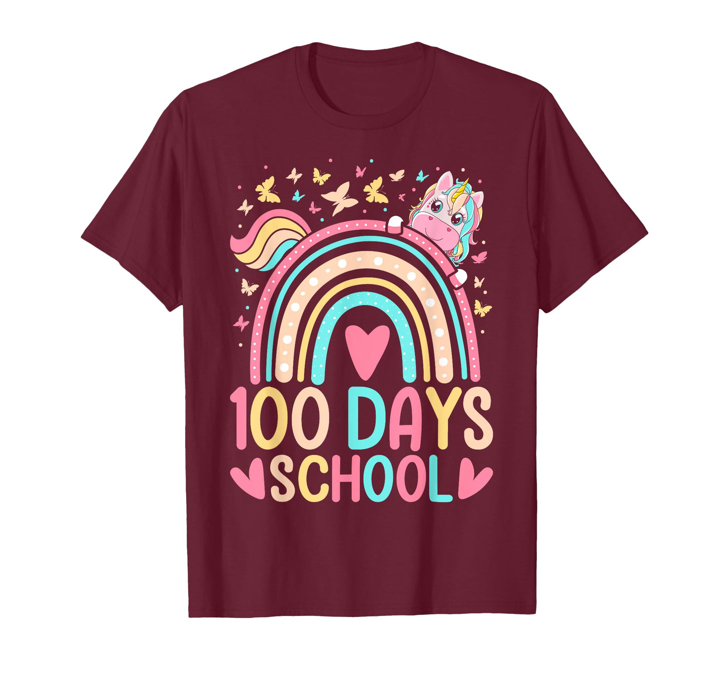 100 Days Of School Unicorn Rainbow Butterfly 100th Day Girls T-Shirt