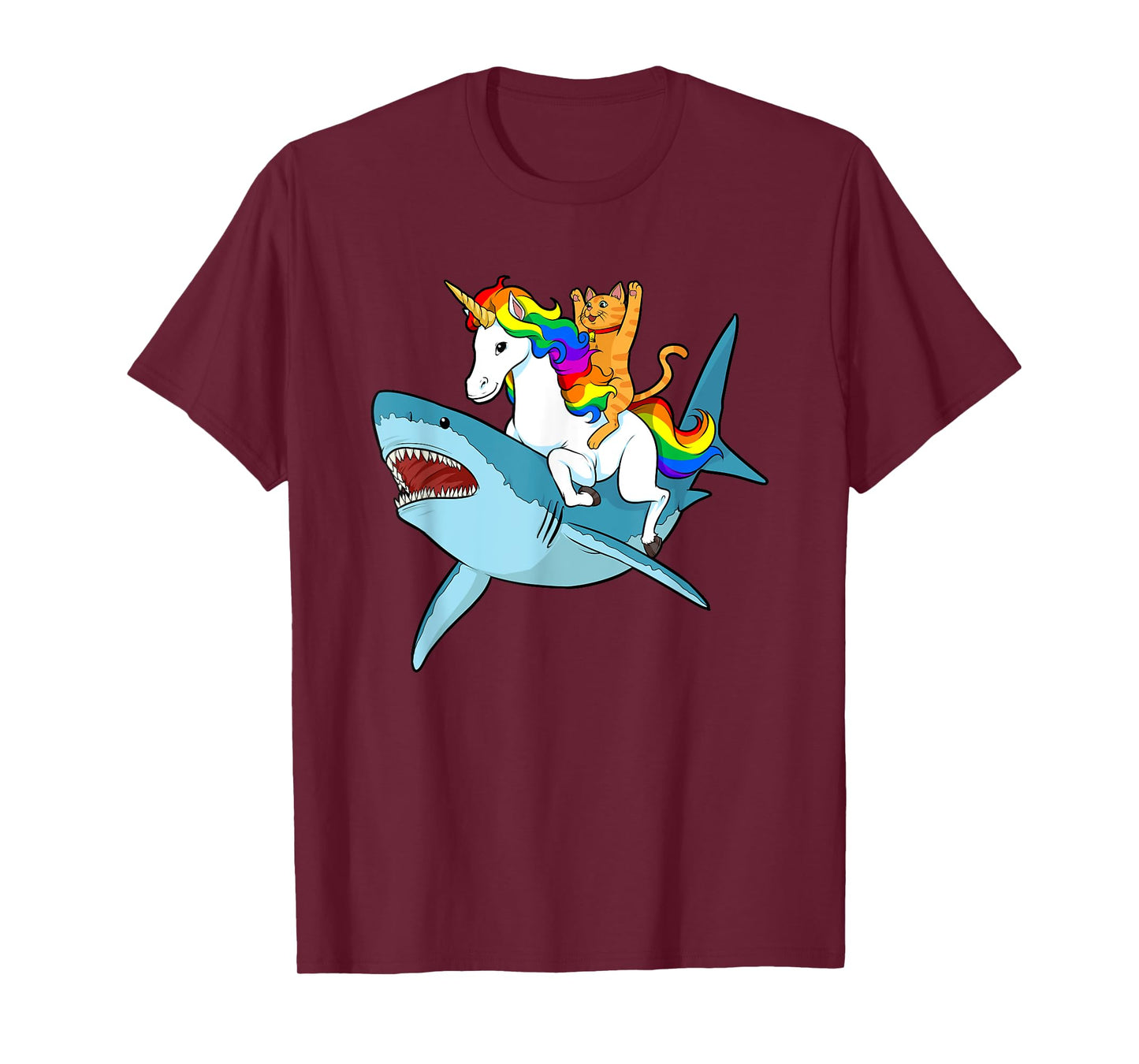 Cat Riding Unicorn Riding Shark Design T-Shirt