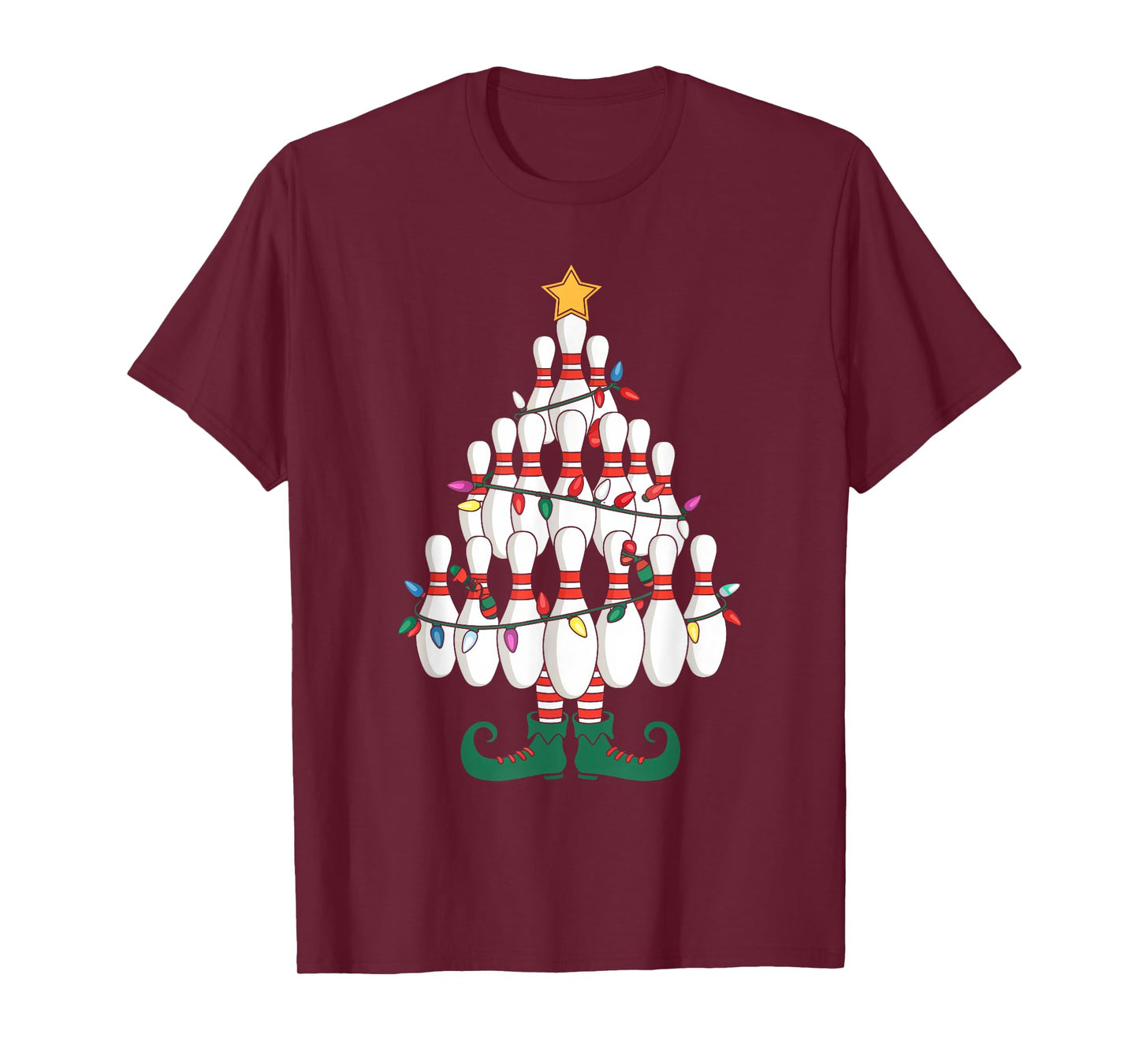 Bowling Elves Pin Strike Christmas Tree Lights Xmas Party T-Shirt