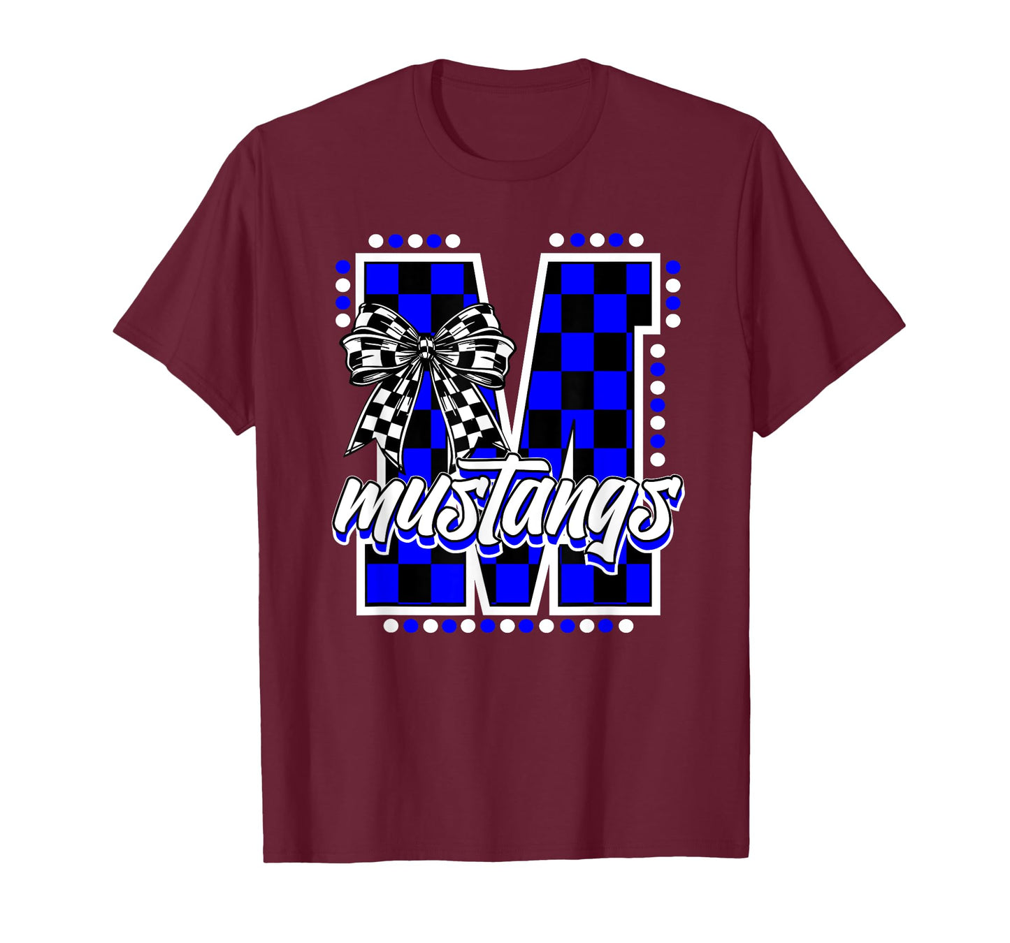 Blue Mustangs Checkered Print Coquette Bow School Mascot T-Shirt