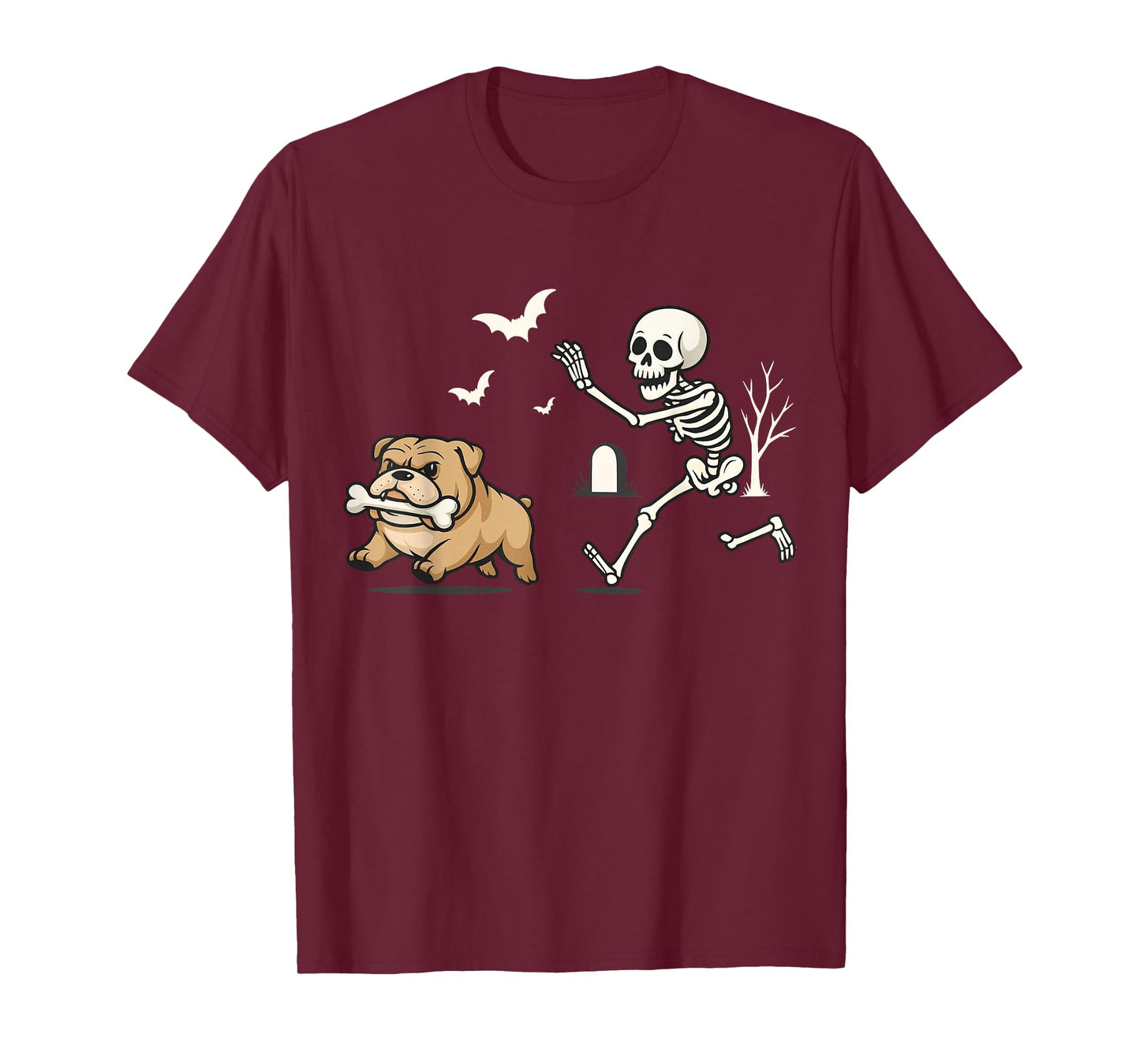 Funny Skeleton Chasing French Bulldog Halloween Skeleton Dog T-Shirt