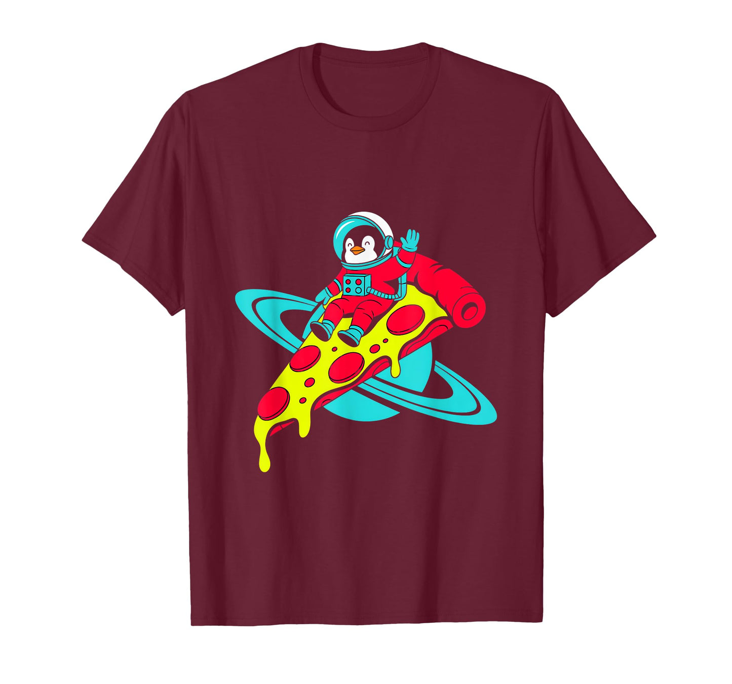 Penguin Astronaut Riding Pizza in Space T-Shirt