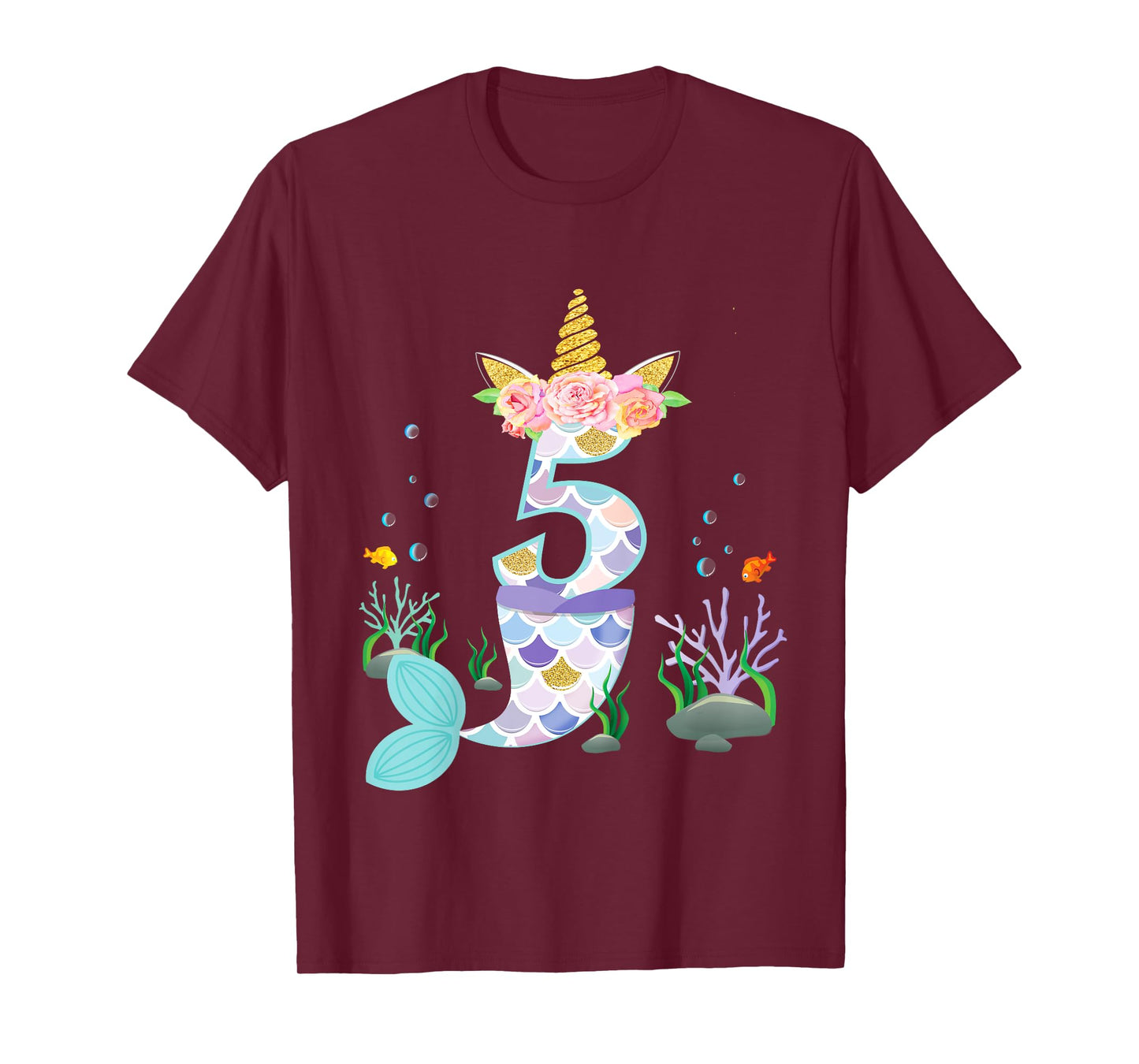 5 Year Old Unicorn Mermaid Birthday Theme Tail Girl 5th Gift T-Shirt