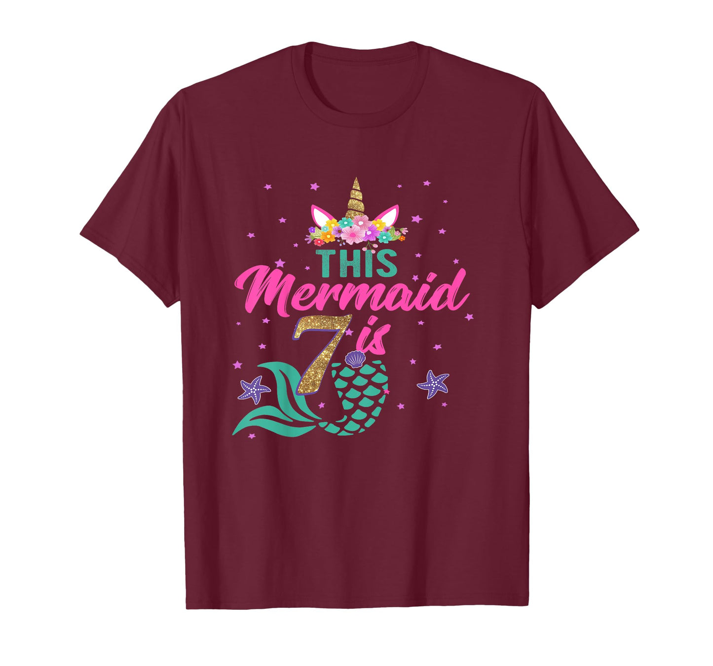Kids 7th Birthday Girl Unicorn Shirt Mermaid Tail 7 Years Old T-Shirt