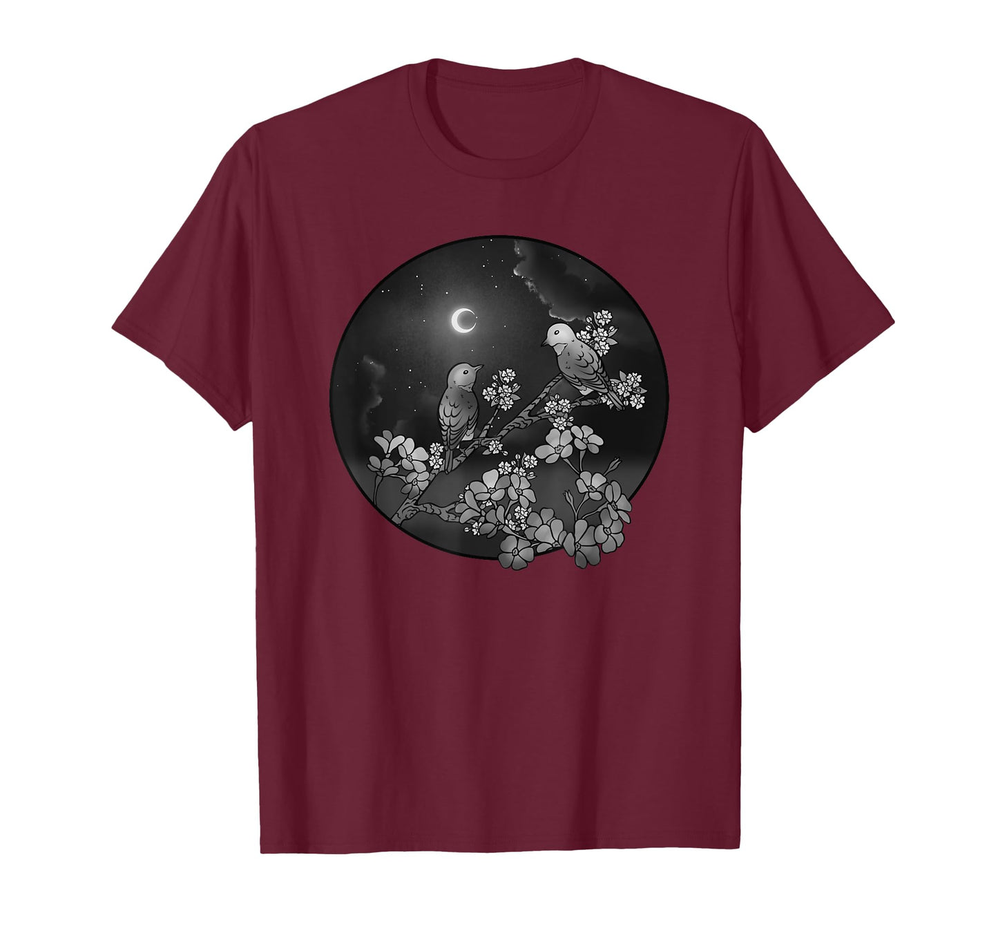 Blossoms Birds on Flowering Tree Starry Sky Crescent Moon T-Shirt