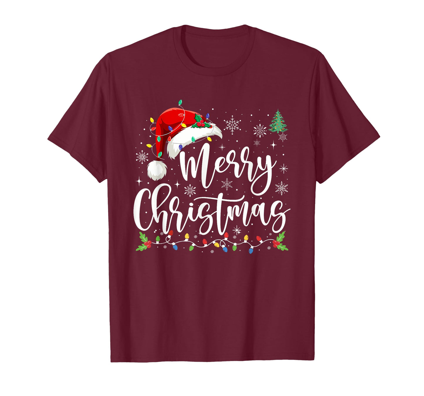 Merry Christmas Lights Red Santa Hat Xmas Family Men Women T-Shirt