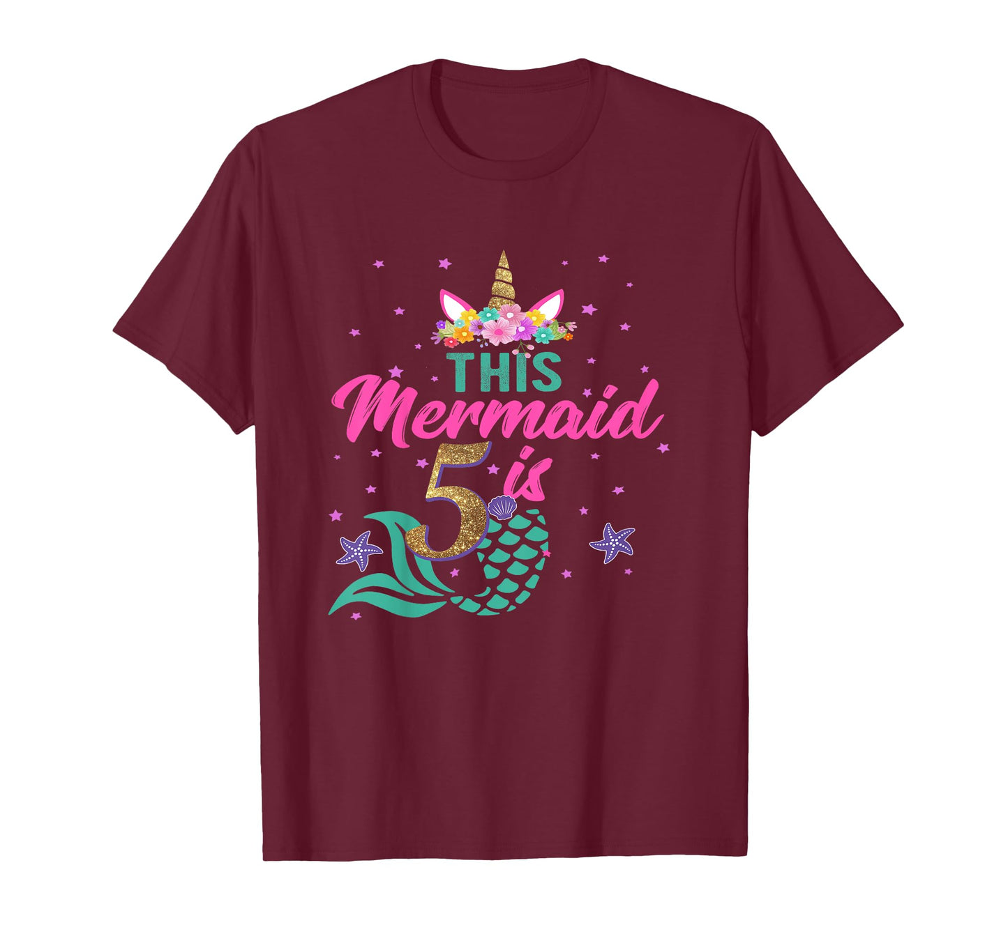 5th Birthday Girl Unicorn Shirt Mermaid Tail 5 Years Old T-Shirt