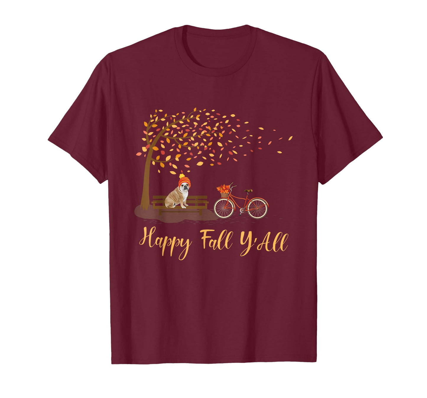 Happy Fall Y'All Funny English Bulldog Autumn Season Bicycle T-Shirt for Men Women Kids