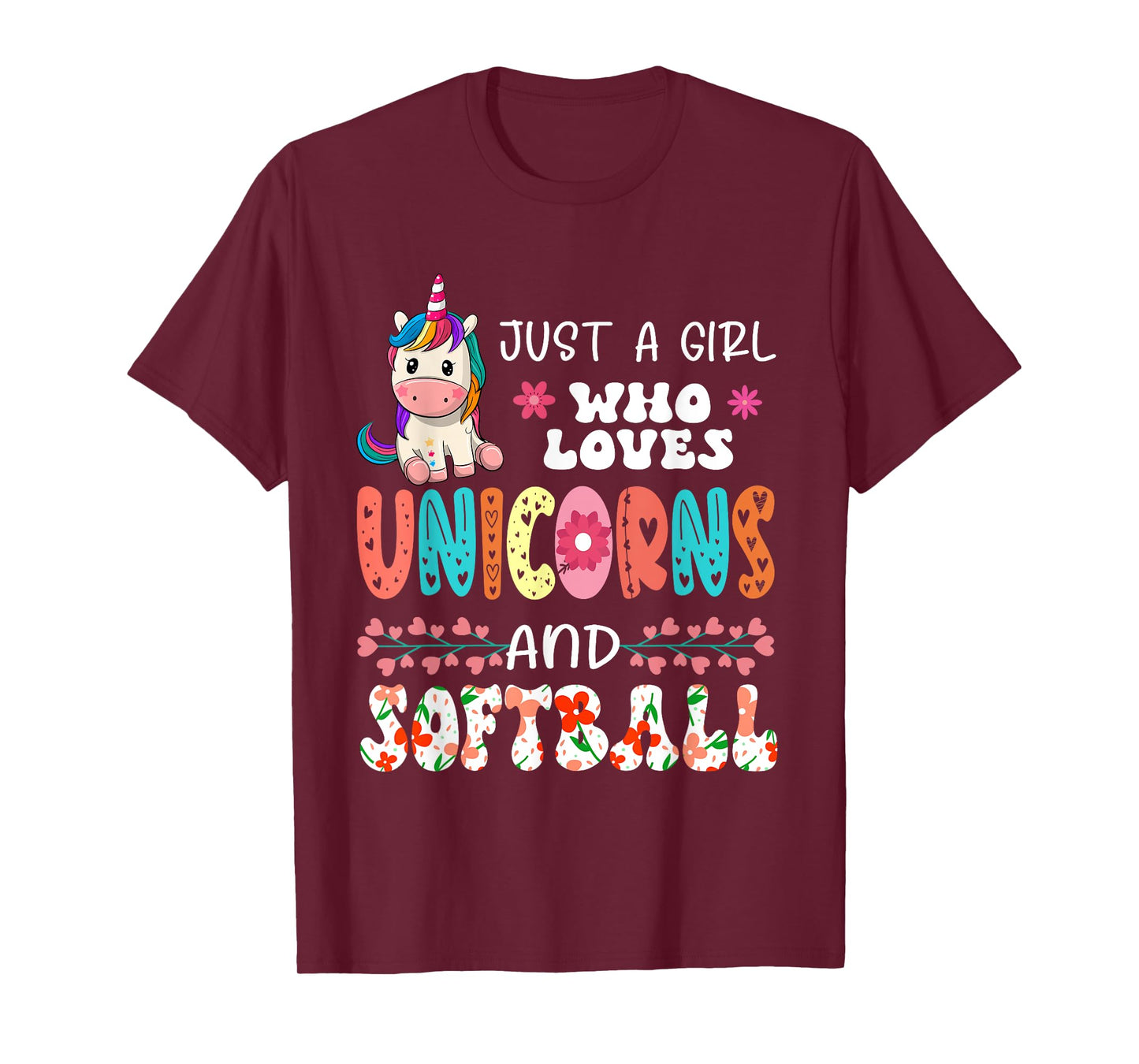 Just A Girl Who Loves Unicorns And Softball Floral Unicorn T-Shirt