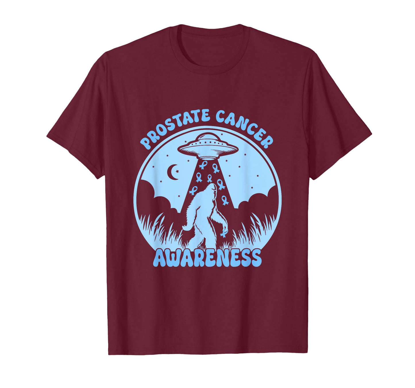 Prostate Cancer Awareness Funny Bigfoot UFO Blue Ribbon T-Shirt