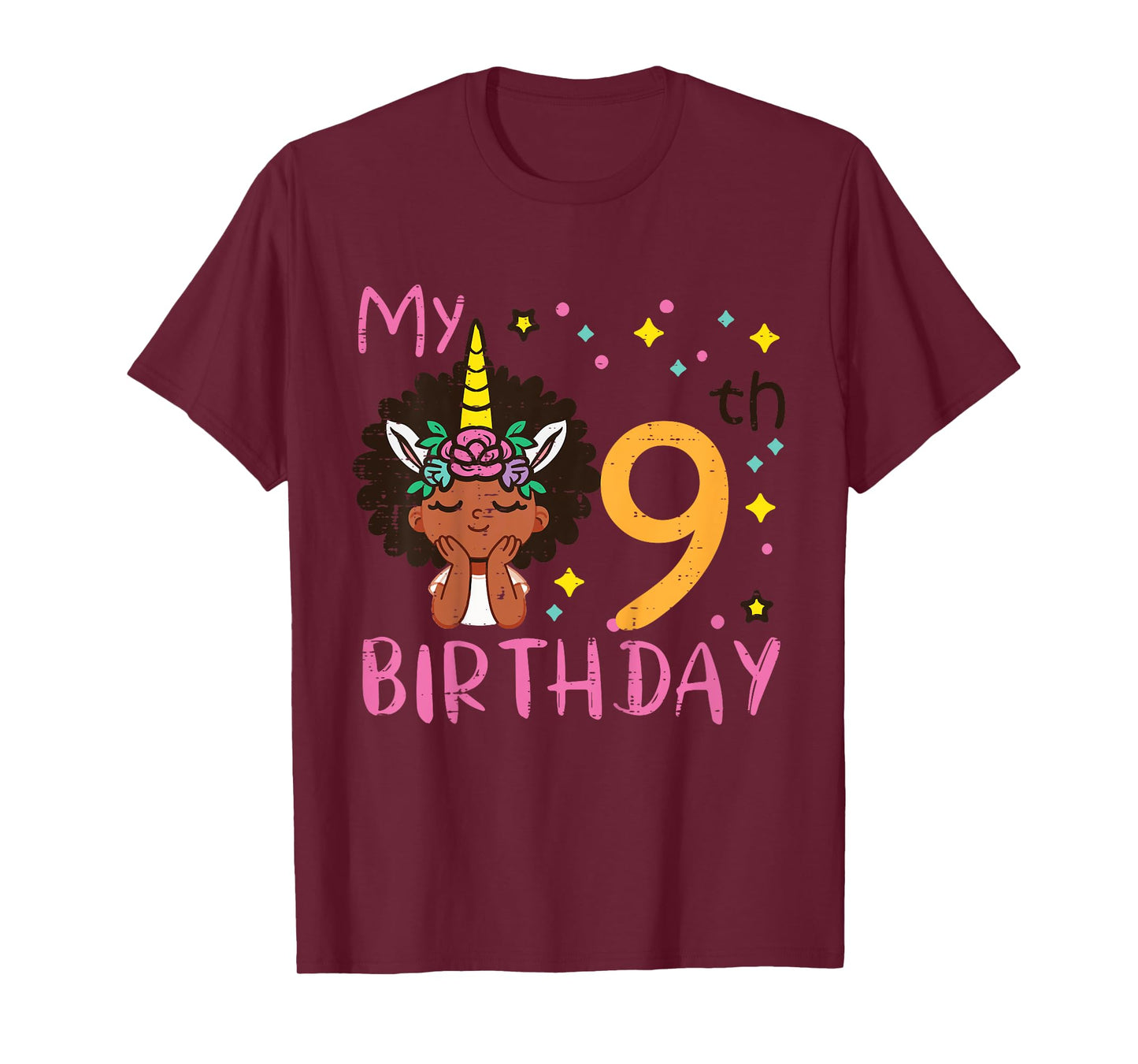 9th Birthday Afro Black Girl Unicorn 9 Year Old Bday Girls T-Shirt