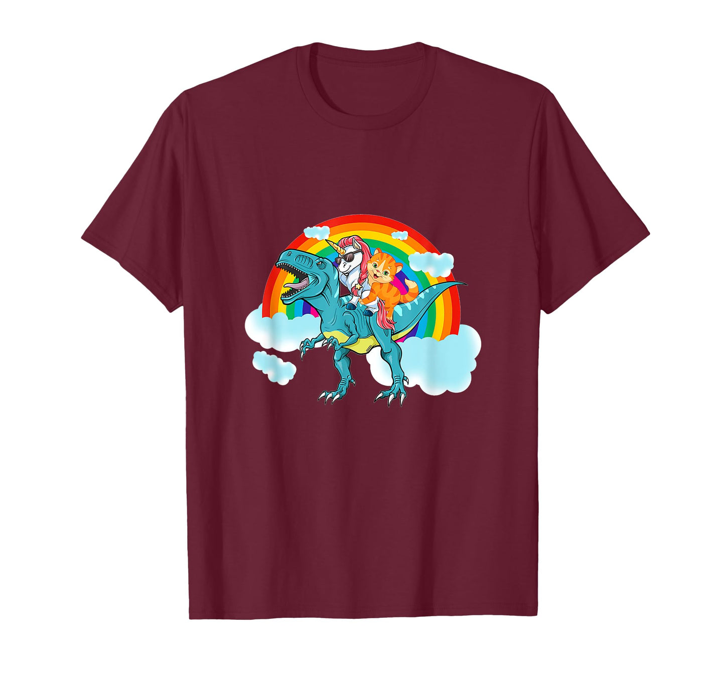 Unicorn Riding Dinosaur Rex Cat Kitten Boys Girls Kids T-Shirt