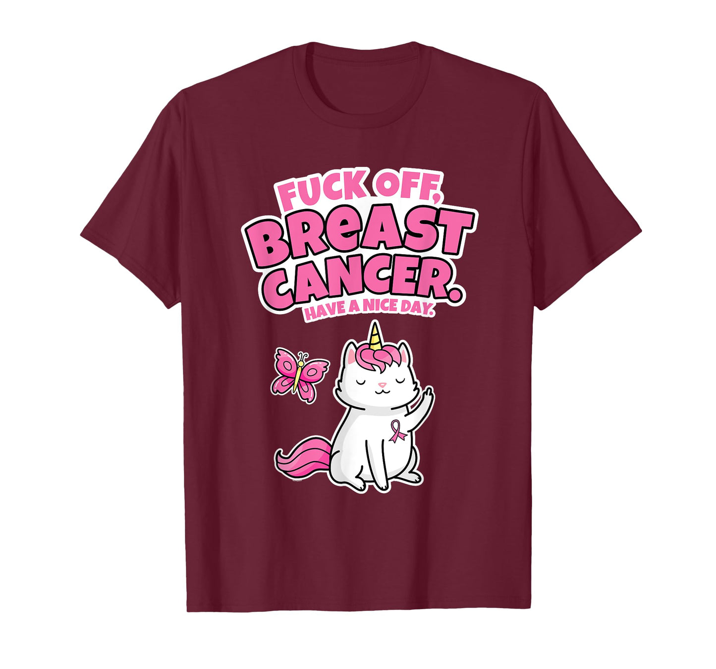 Fuck Off Breast Cancer Unicorn-Cat Butterfly Funny Quote T-Shirt for Men Women