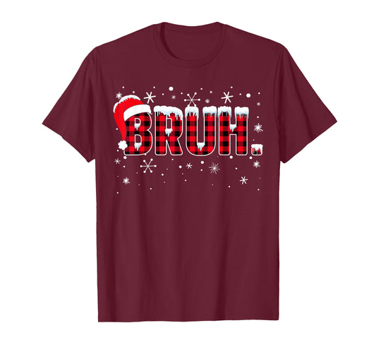 Funny Bruh Christmas Buffalo Plaid Teens Boys Kids Xmas T-Shirt