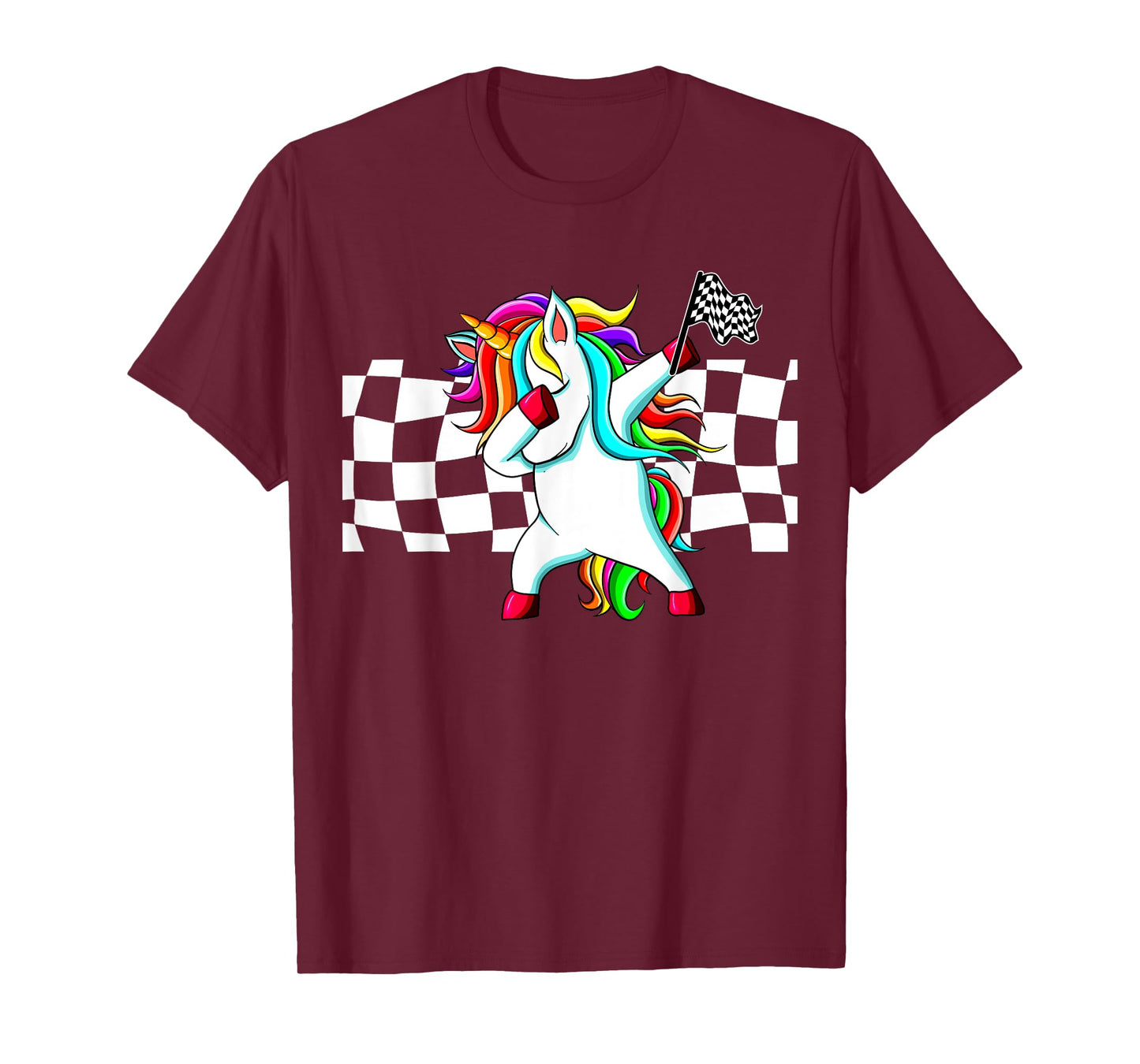 Racecar Racing Checker Flag Dabbing Unicorn Graphic T-Shirt