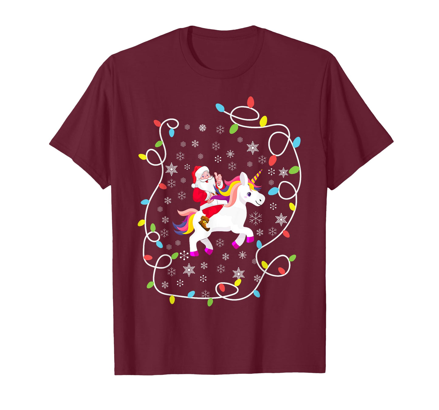 Santa Riding Unicorn Christmas Lights Merry Christmas Tree T-Shirt