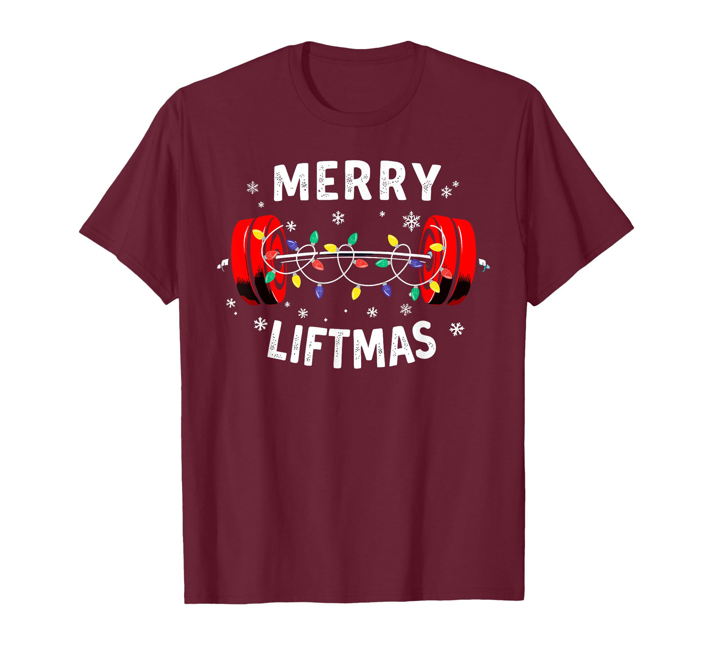 Merry Liftmas Barbell Christmas Tree Lights Weightlifting T-Shirt