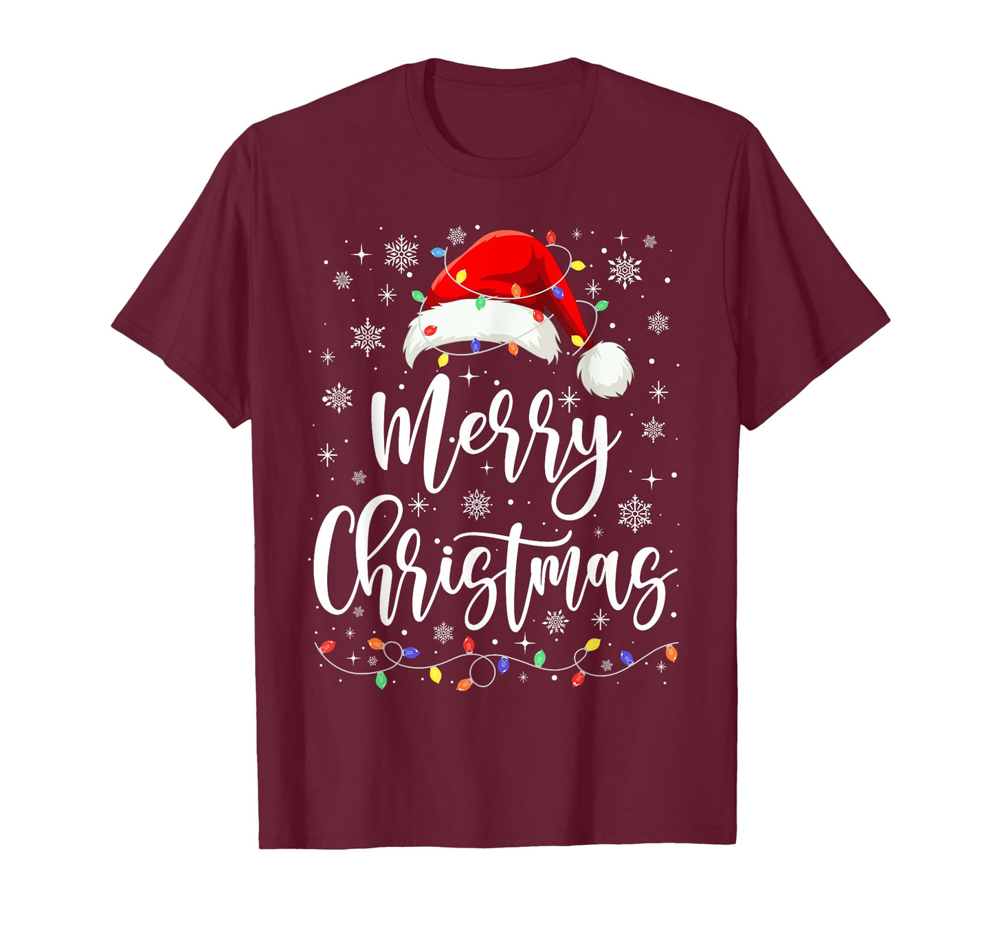 Merry Christmas Lights Red Santa Hat Xmas Family Men Women T-Shirt