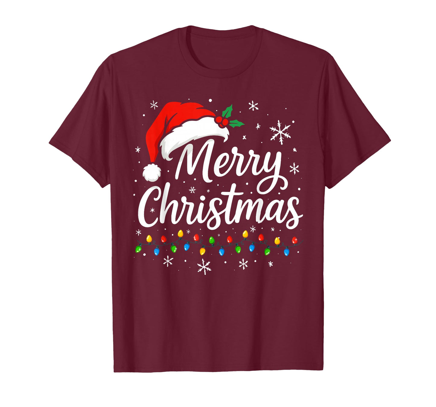 Merry Christmas Lights Red Santa Hat Xmas Family Matching T-Shirt