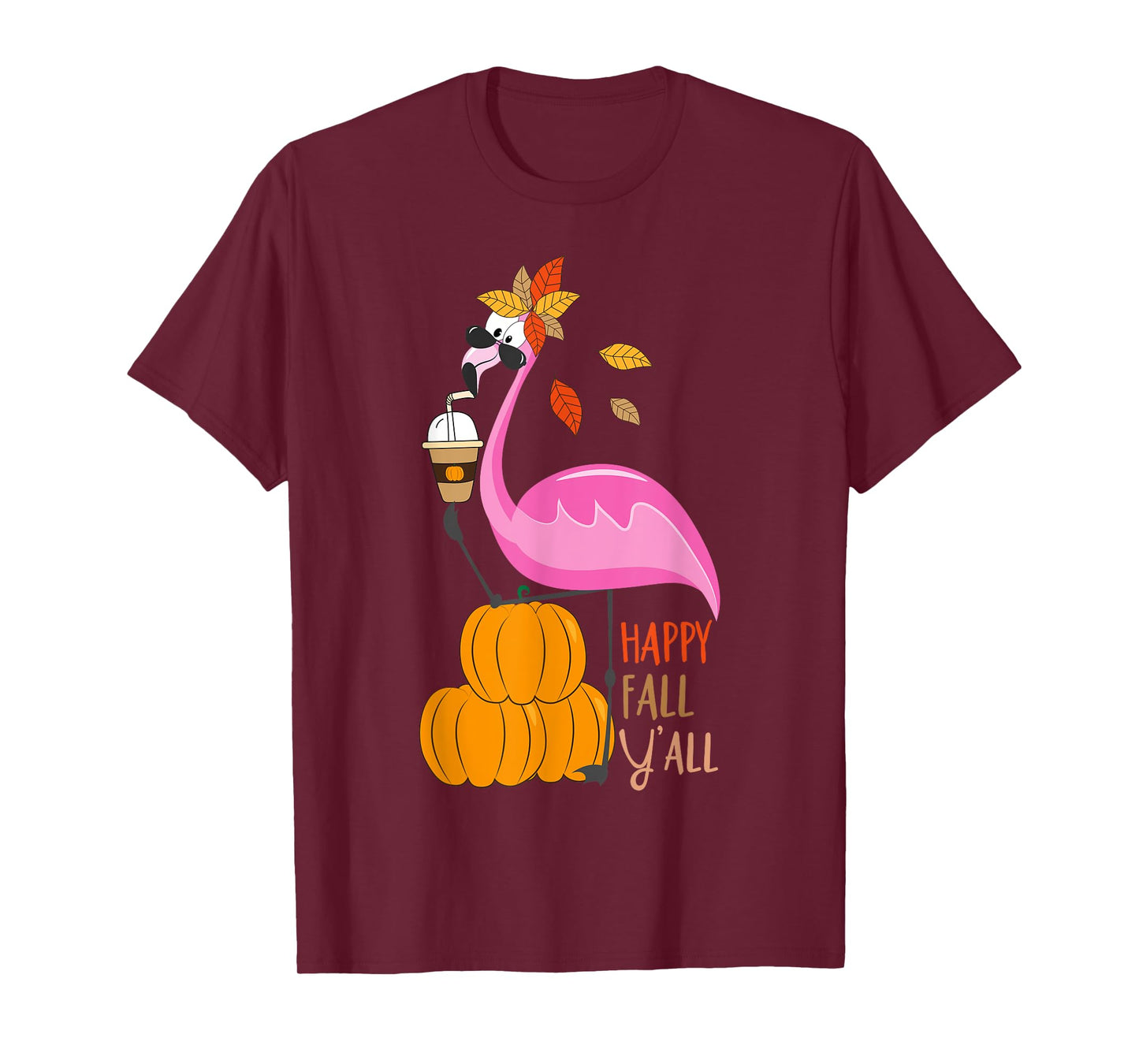 Happy Fall Y'all Pumpkin Flamingo Autumn Graphic T-Shirt