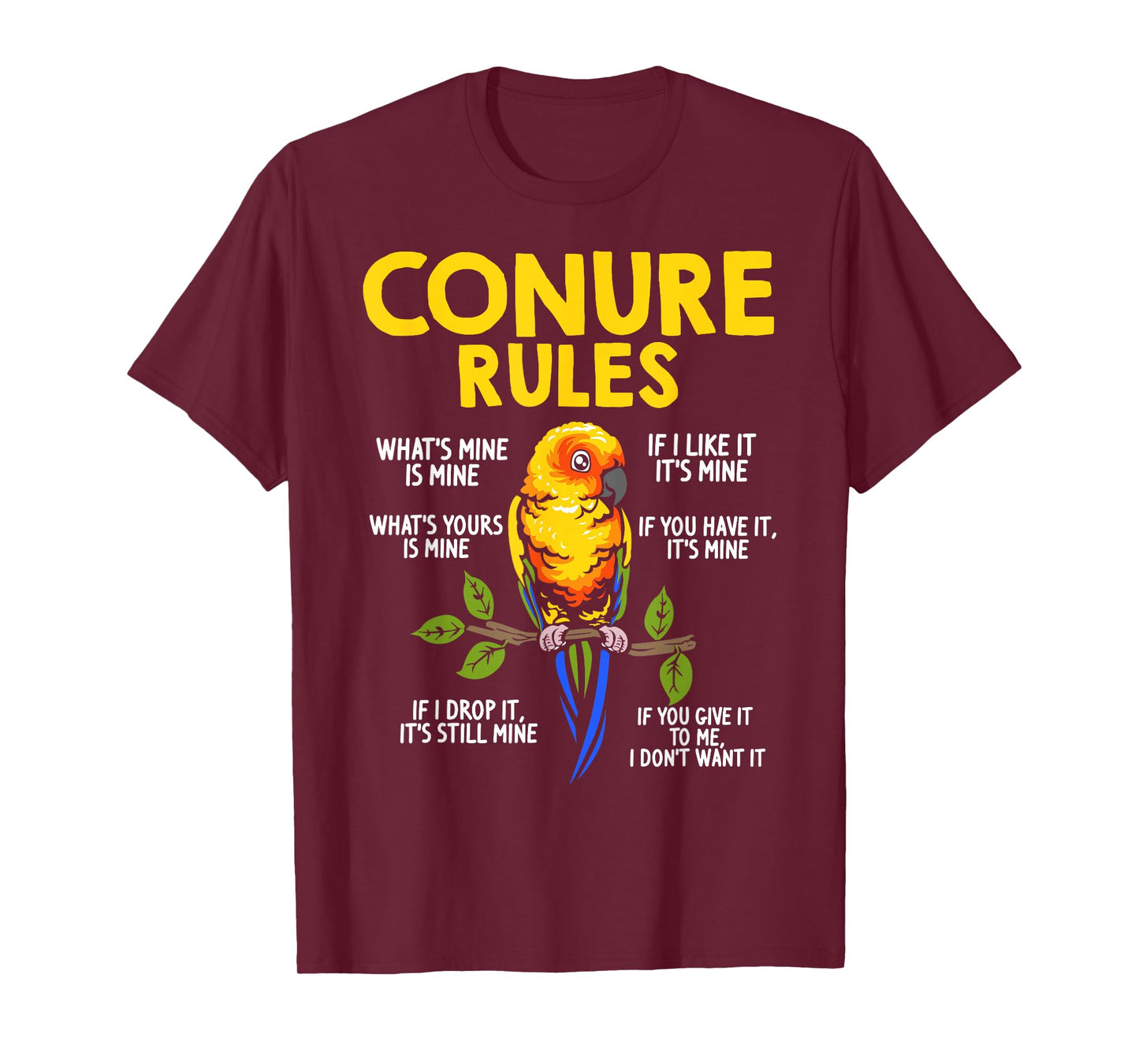 Conure Rules Sun Conure Bird Lover Parrot Design Black T-Shirt for Men & Sun Conure Owners, Small, Short Sleeve, Mandarin Collar, Tropical, Cotton 65% Polyester 35%