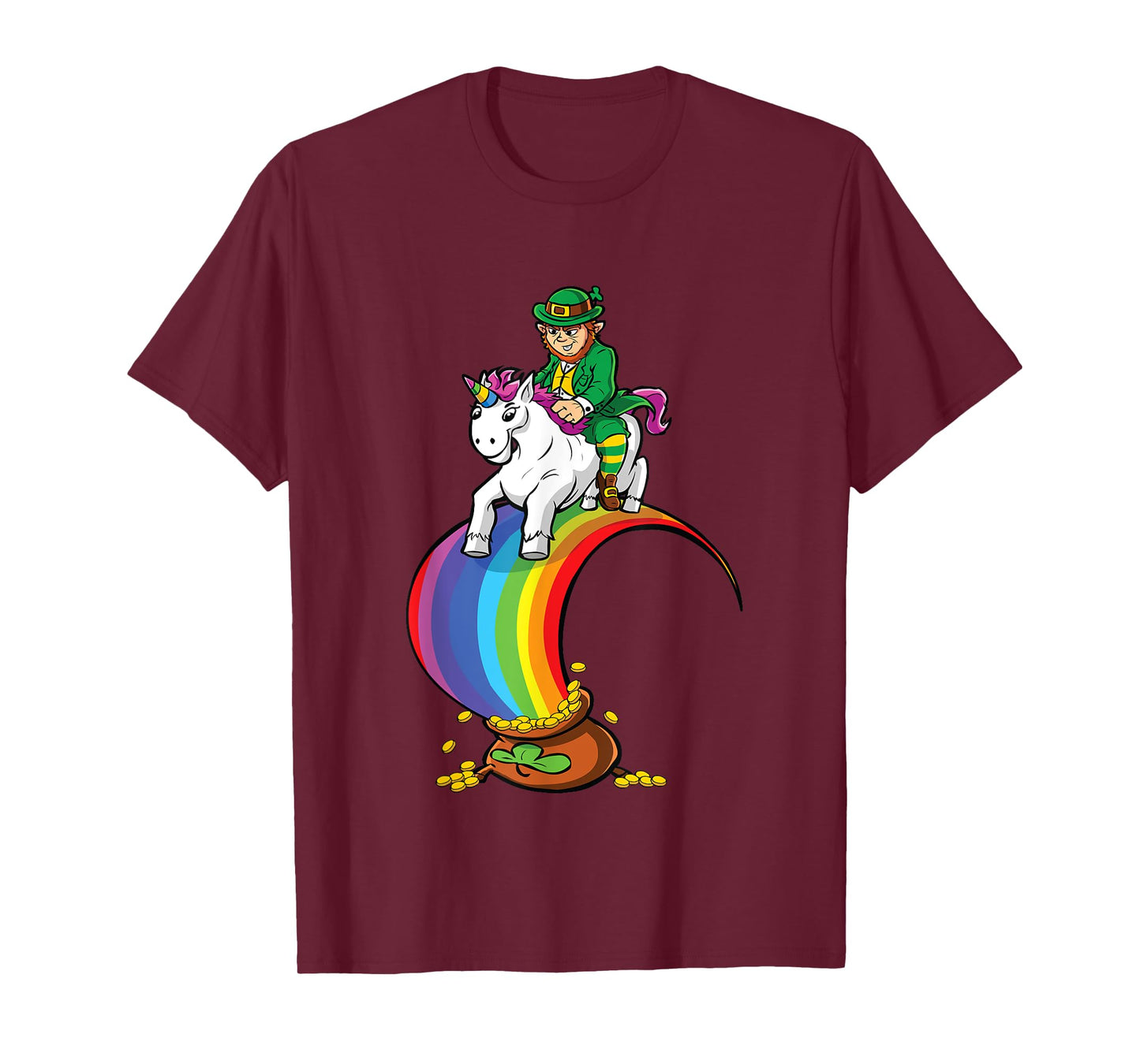 Leprechaun Riding Unicorn Over Rainbow & Pot of Gold T-Shirt
