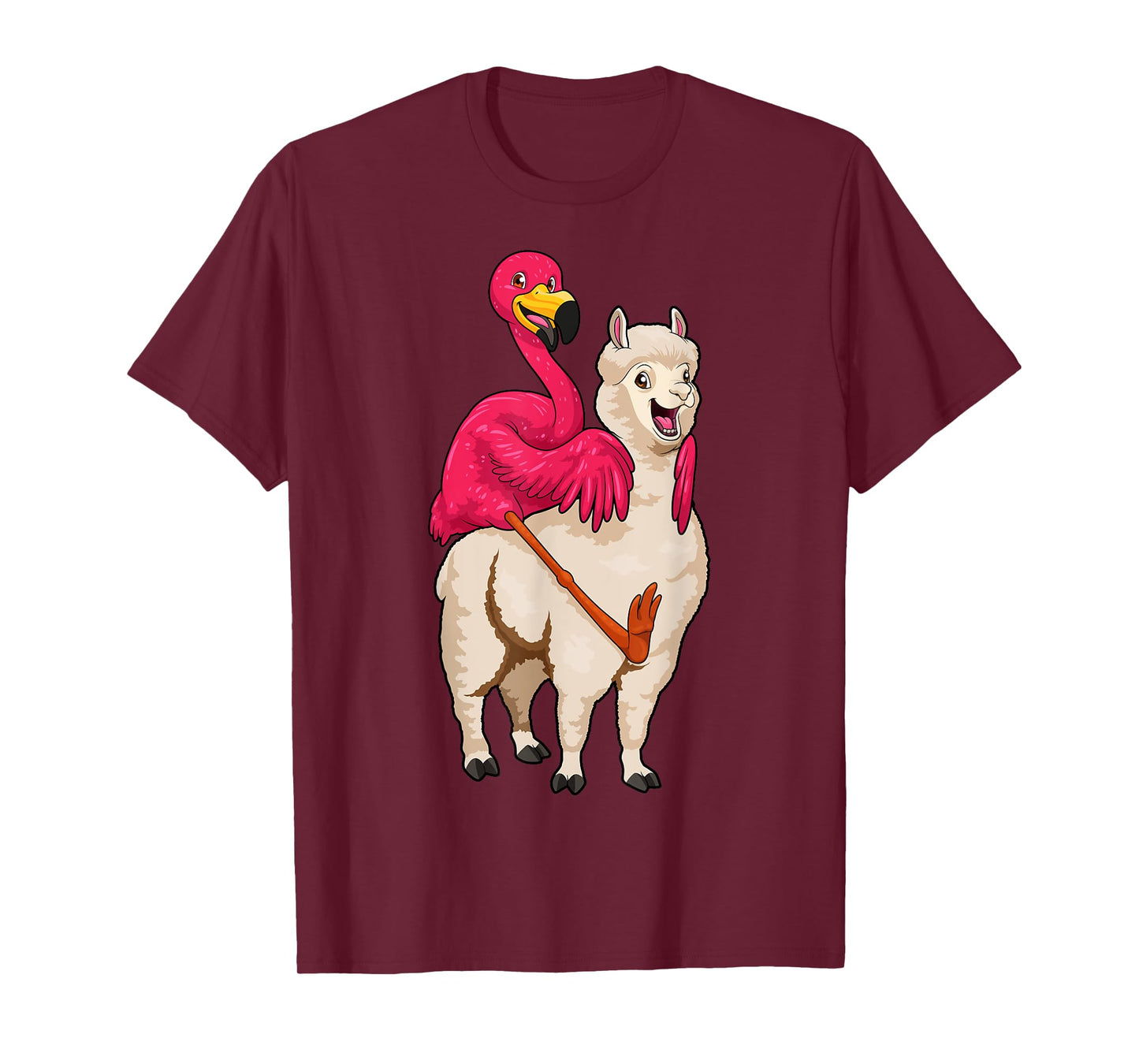 Flamingo Riding Llama Funny Flock Bird Llama Farmer Pun T-Shirt