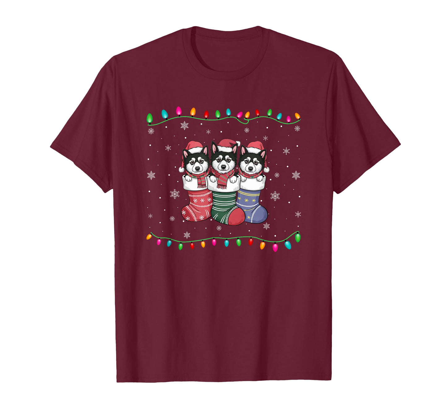 Xmas Tree Lights Alaskan Klee Kai Dog in Christmas Socks T-Shirt