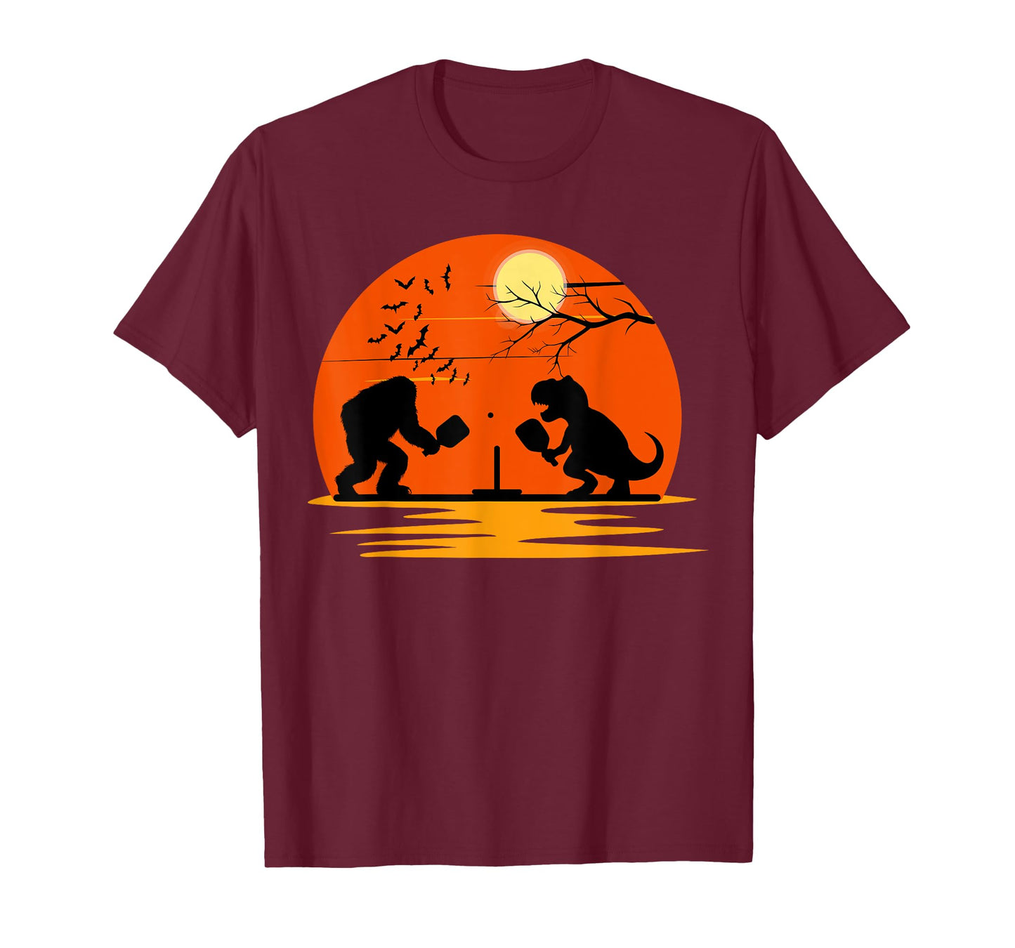 Bigfoot and T-Rex Playing Pickleball Halloween Sunset T-Shirt