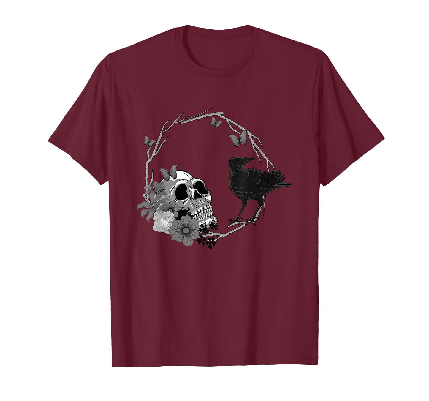 Floral Skull Death Crow Cool Scary Halloween Gothic Theme T-Shirt
