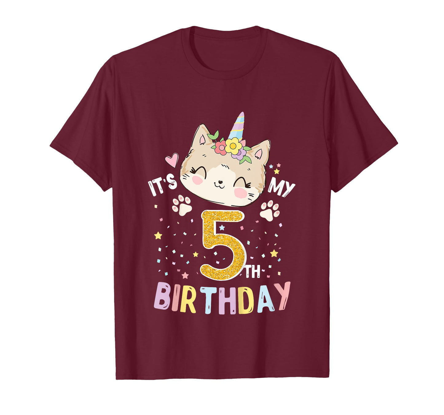Kids It’s My 5th Birthday Cute Unicorn Cat 5-Year-Old Girl T-Shirt