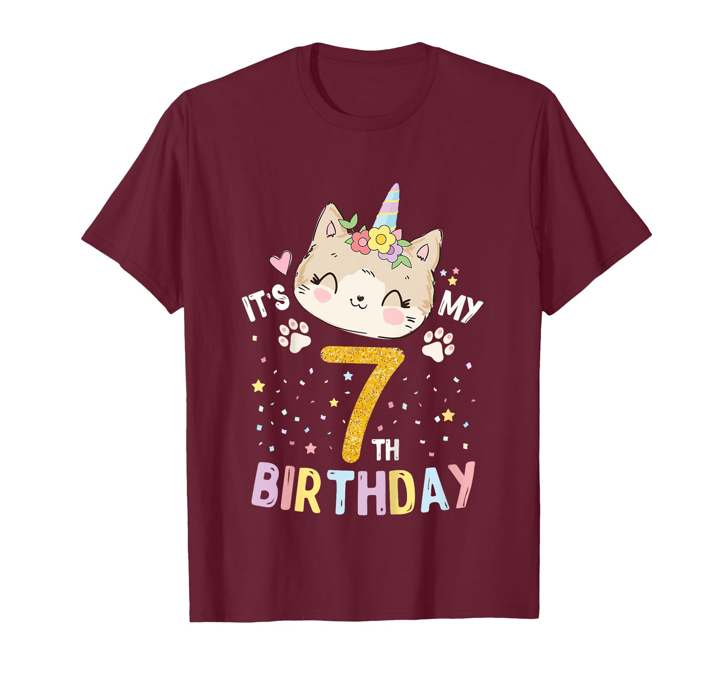 Kids It’s My 7th Birthday Cute Unicorn Cat 7-Year-Old Girl T-Shirt