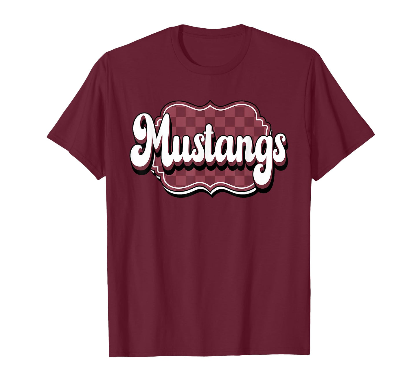 Mustangs Checkered Retro Maroon Mustang Pride School Spirit T-Shirt