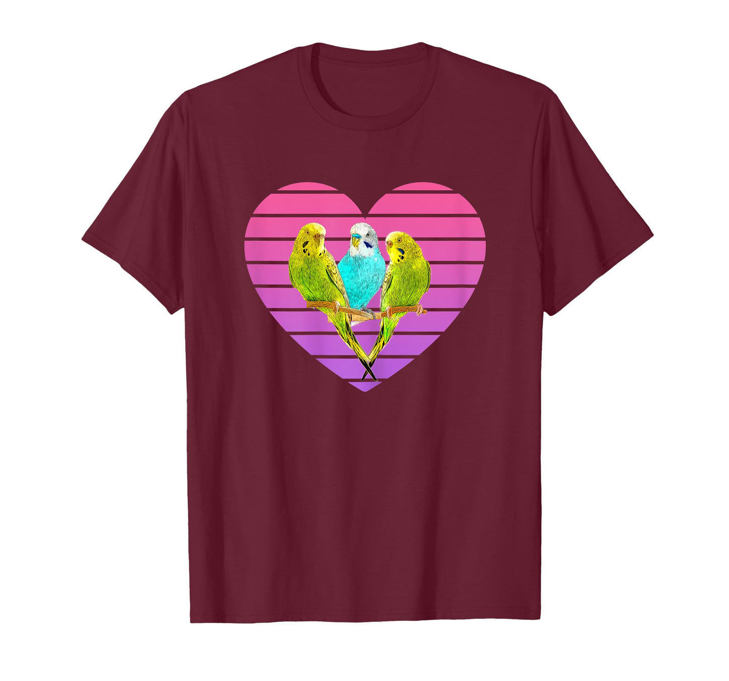 Three Parakeets Inside a Retro Sunset Style Heart T-Shirt