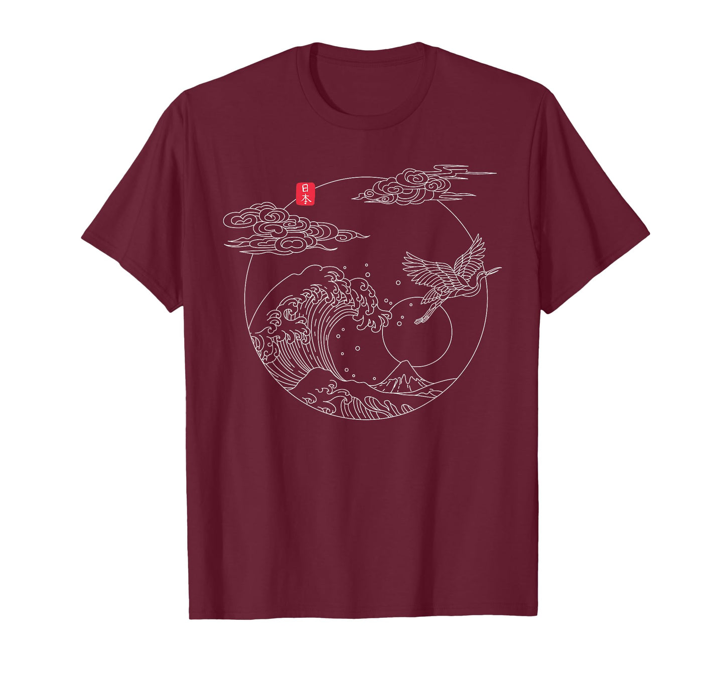 Japanese Vintage Line Art Crane The Great Wave off Kanagawa T-Shirt