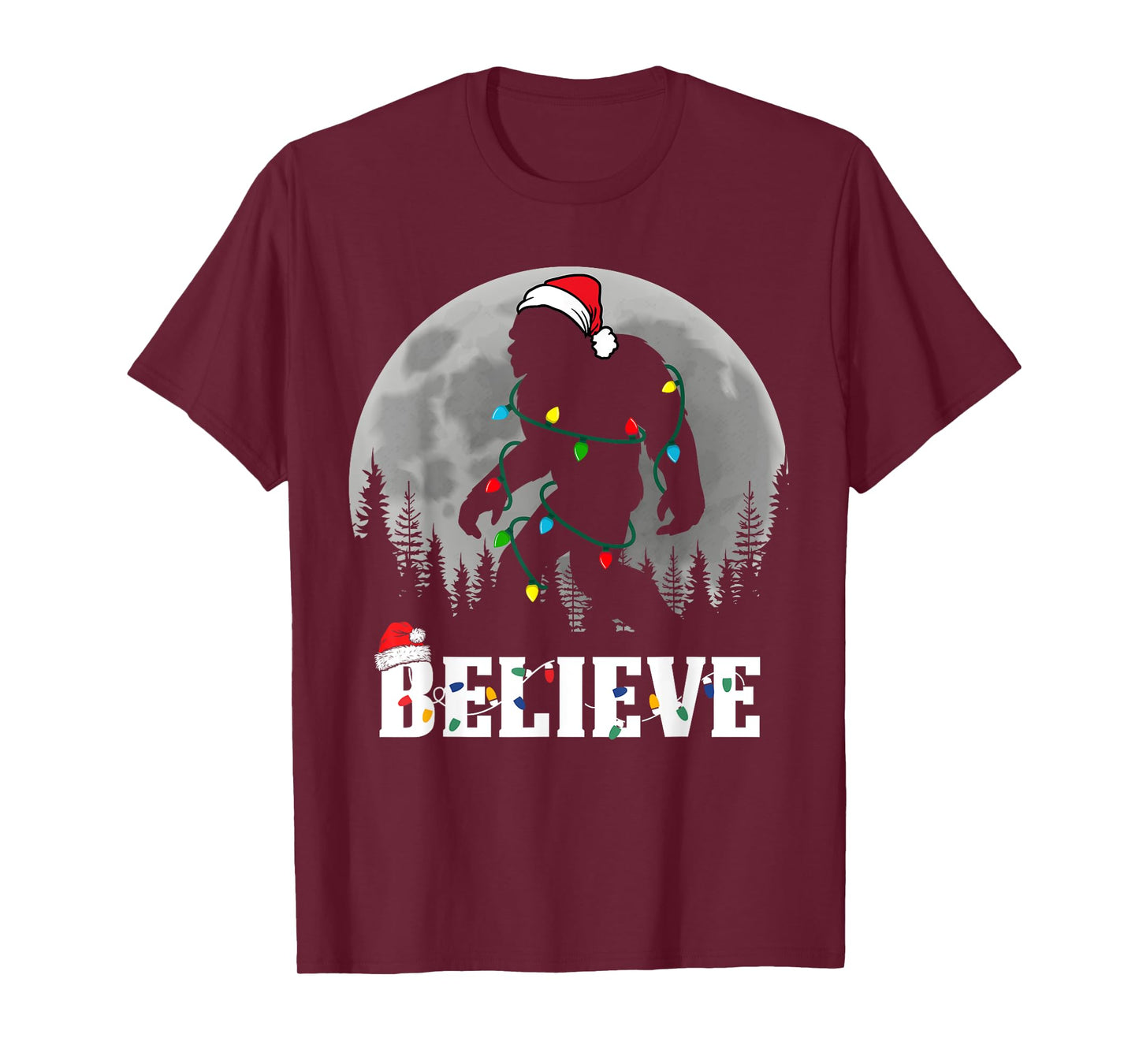 Santa Bigfoot Christmas Lights Funny Sasquatch Believe Xmas T-Shirt