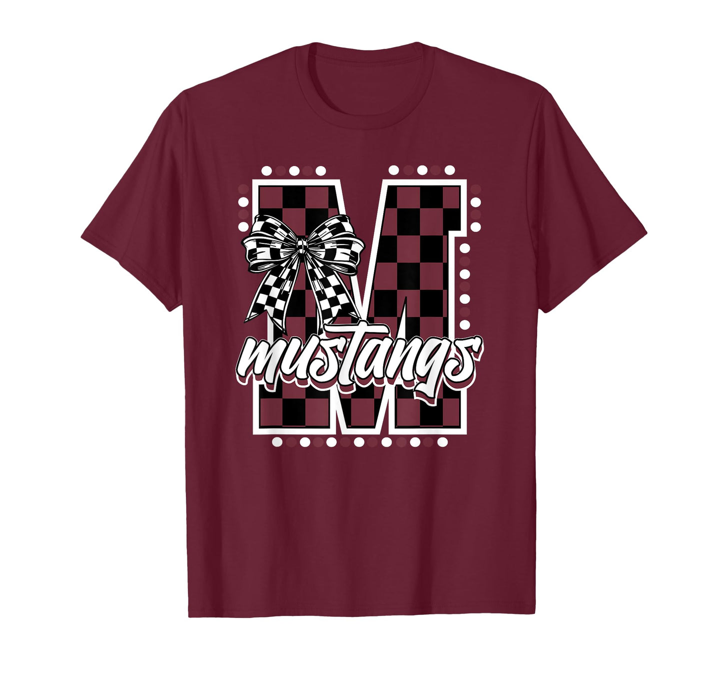 Mustangs Maroon Checkered Print Mustang Pride School Spirit T-Shirt