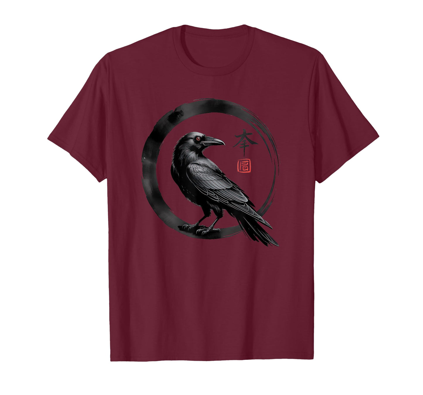 Japanese Sumi-e Black Raven Flying Crow with Cherry Blossom T-Shirt