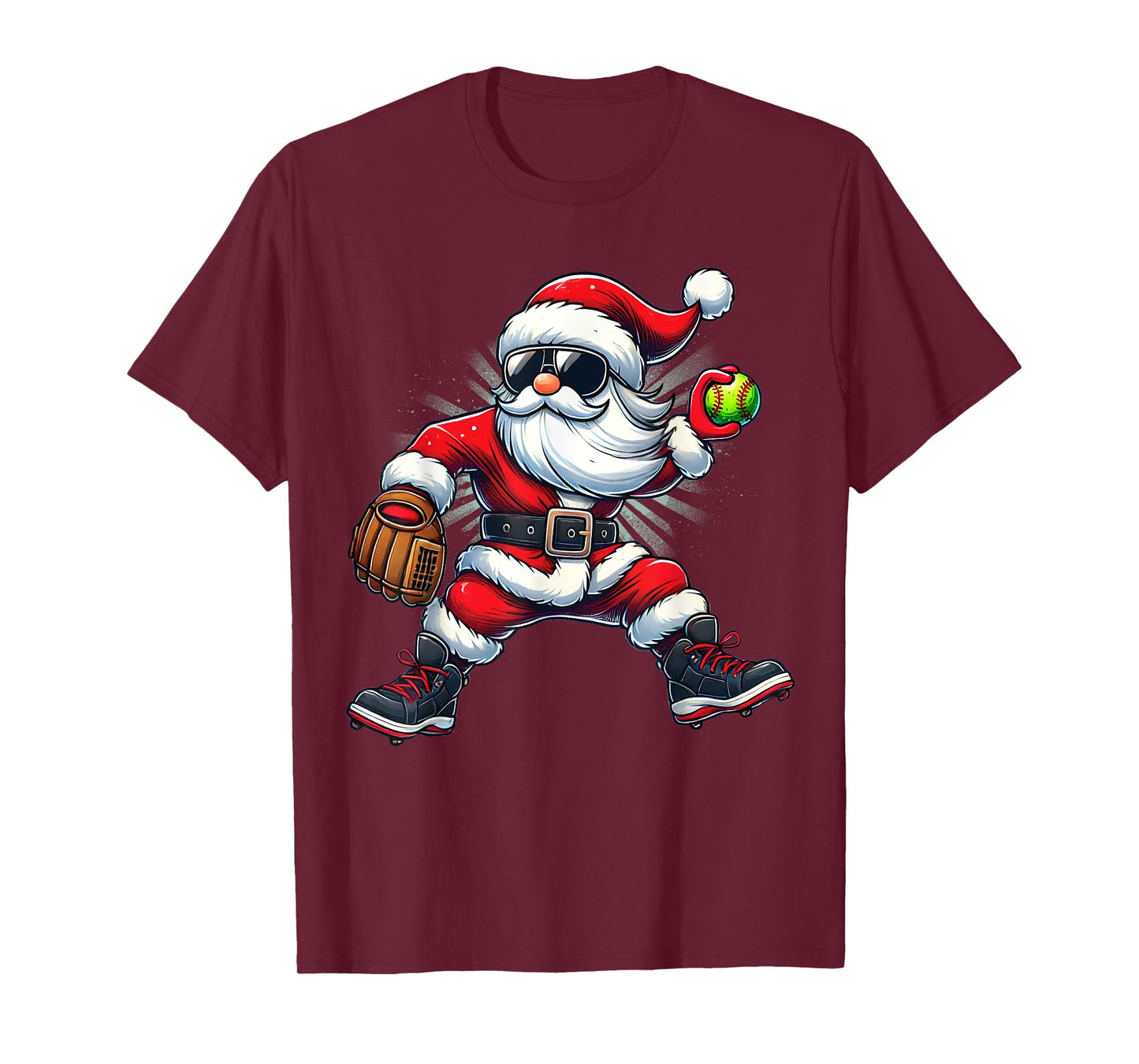 Santa Playing Softball as Pitcher Boys Kids Teens Christmas T-Shirt