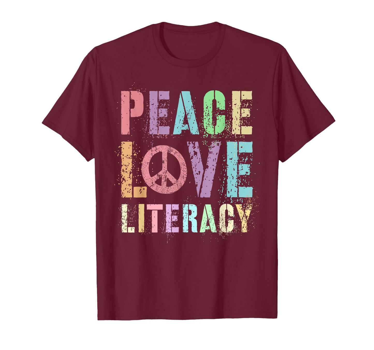 Groovy PEACE LOVE LITERACY Teacher Library Reading Preschool Men Women Girls Kids T-Shirt