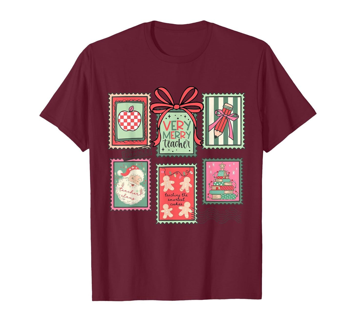 Vintage Preppy Very Merry Teacher Santa Stamps Christmas T-Shirt